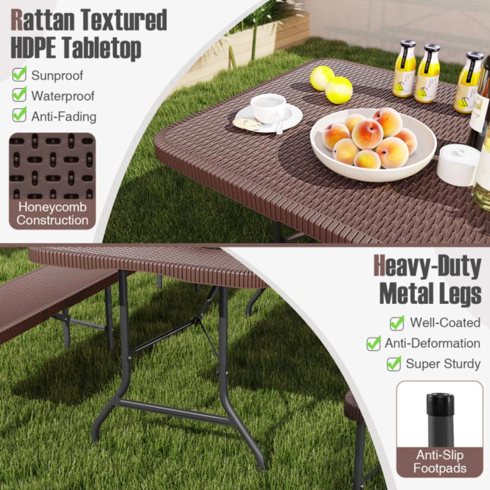 Hivvago 6 Ft Portable Folding Table With Rattan-Like Hdpe Tabletop And Safe Lock Mechanism-Brown