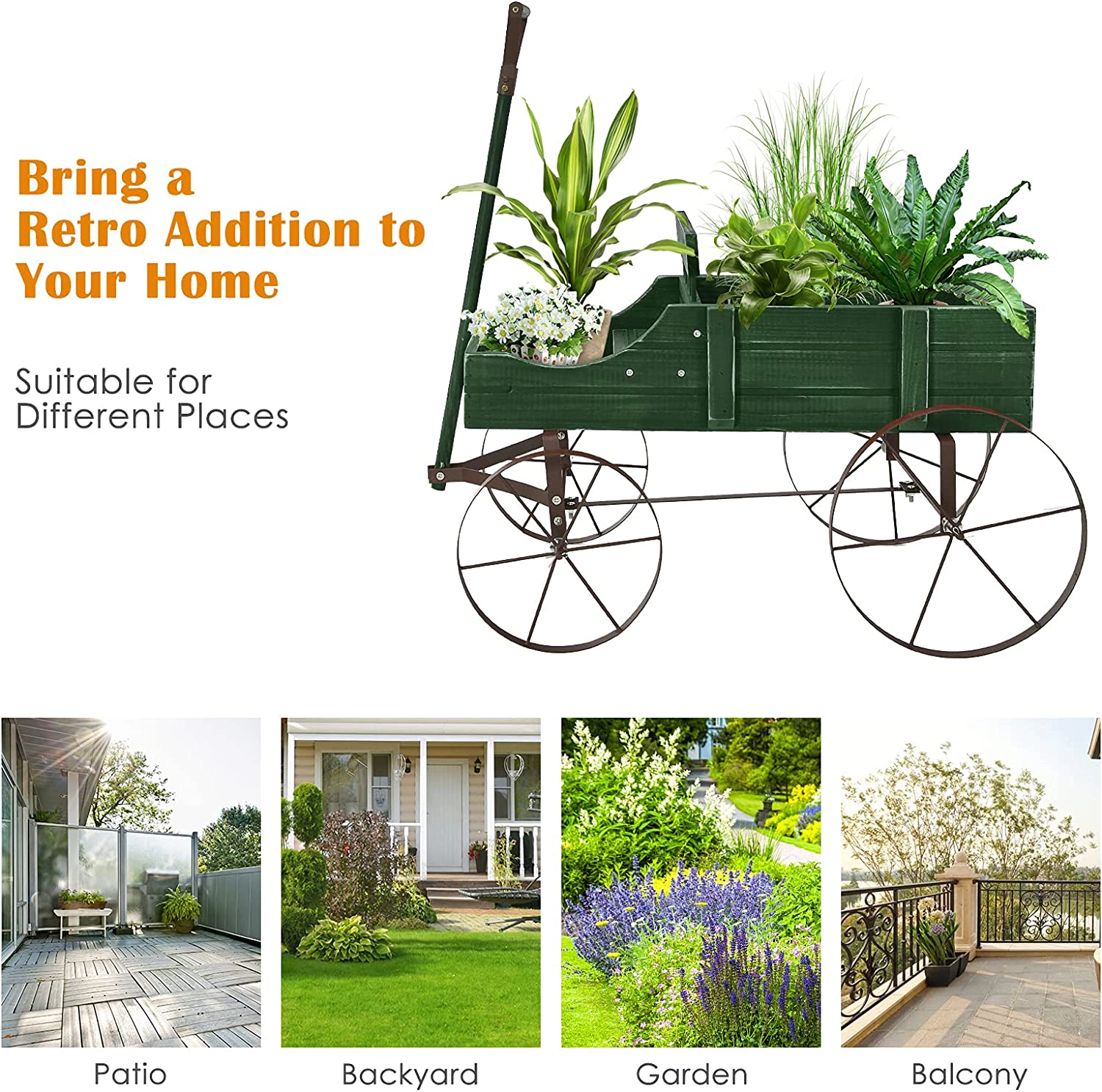 SUGIFT Red Wooden Wagon Planter with Antique Metal Wheels 24.5-in W 13.5-in D 24-in H 33-lb Cart Capacity