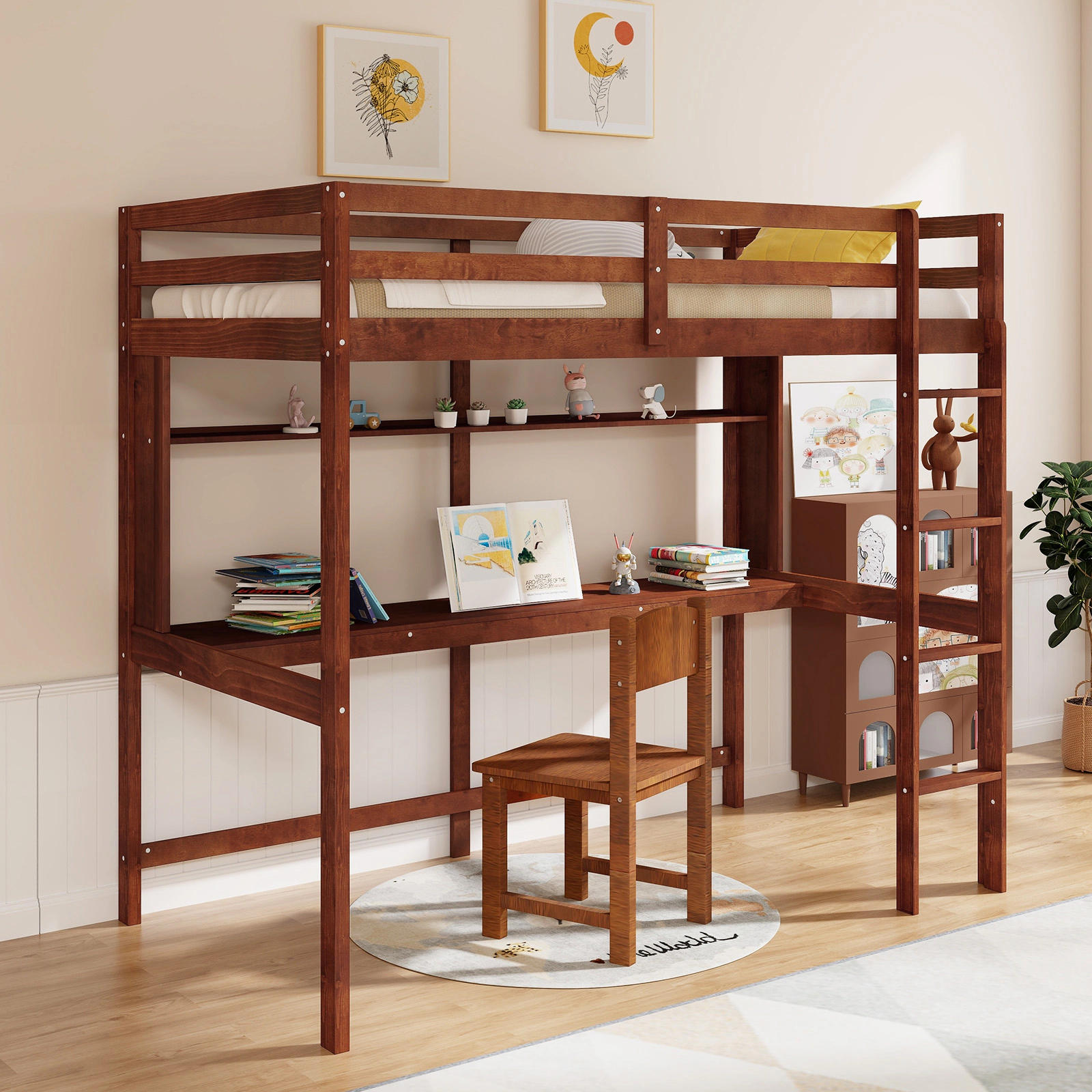 SUGIFT Brown Full-Length Desk and Guardrail Twin Size Kids Solid Wood Loft Bed