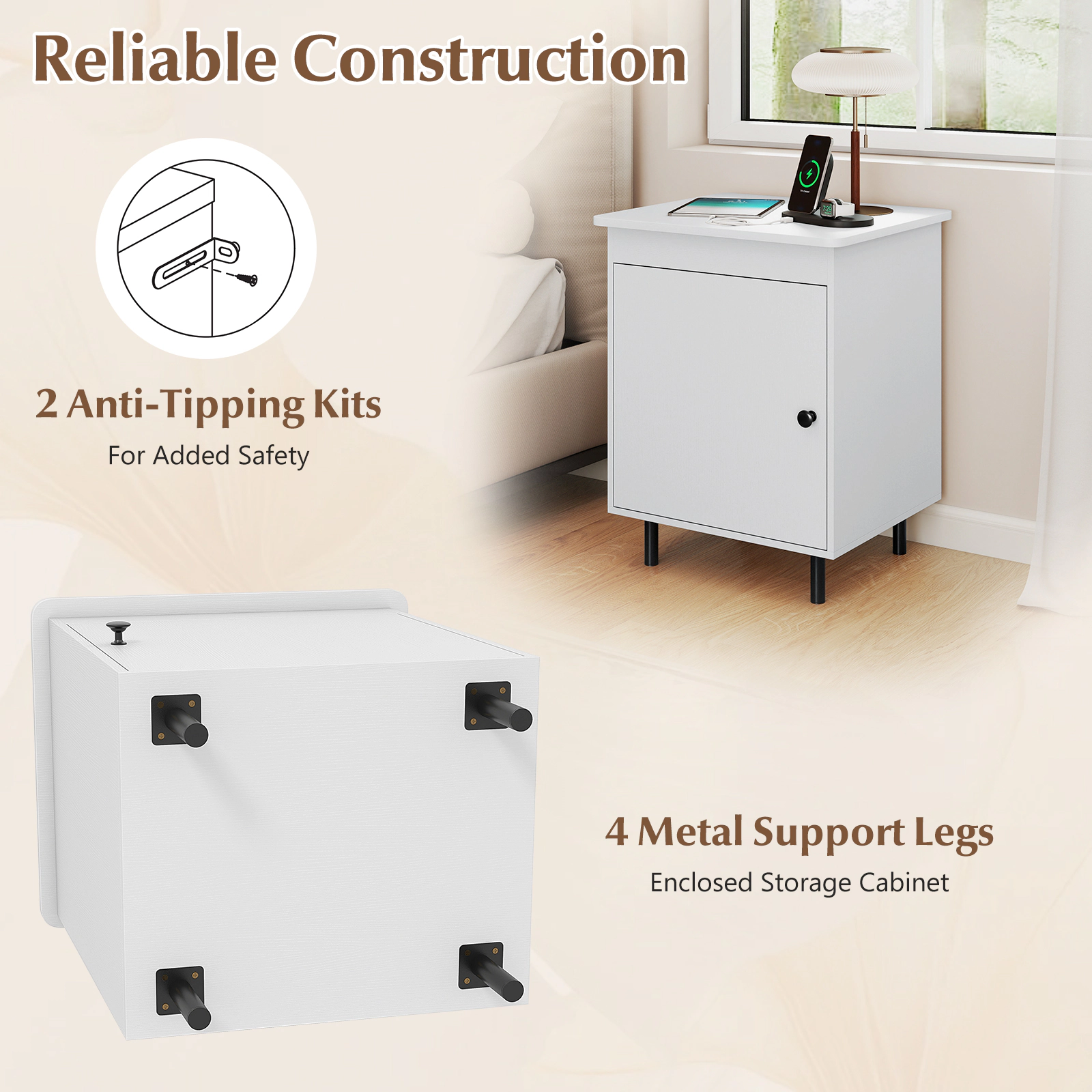 SUGIFT Mid Century Nightstand End Table with Door 110-lb Tabletop Capacity 20-in Wide 24.5-in Tall 1-Piece White + Black
