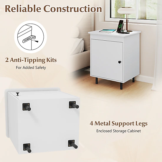 Glintex Mid-Century Nightstand with Enclosed Cabinet and 2 Anti-Tipping Kits, White