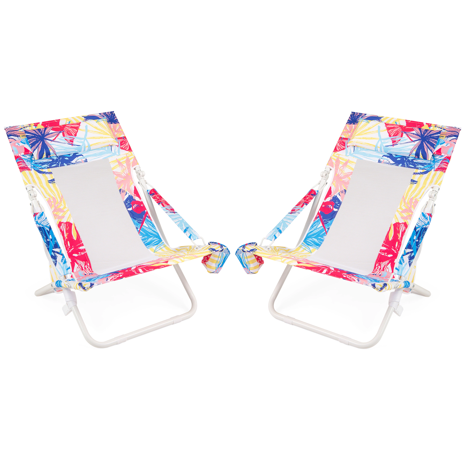 SUGIFT Set of 2 Pink Low Folding Beach Sling Chairs with Headrests, Cup Holders and Towel Racks