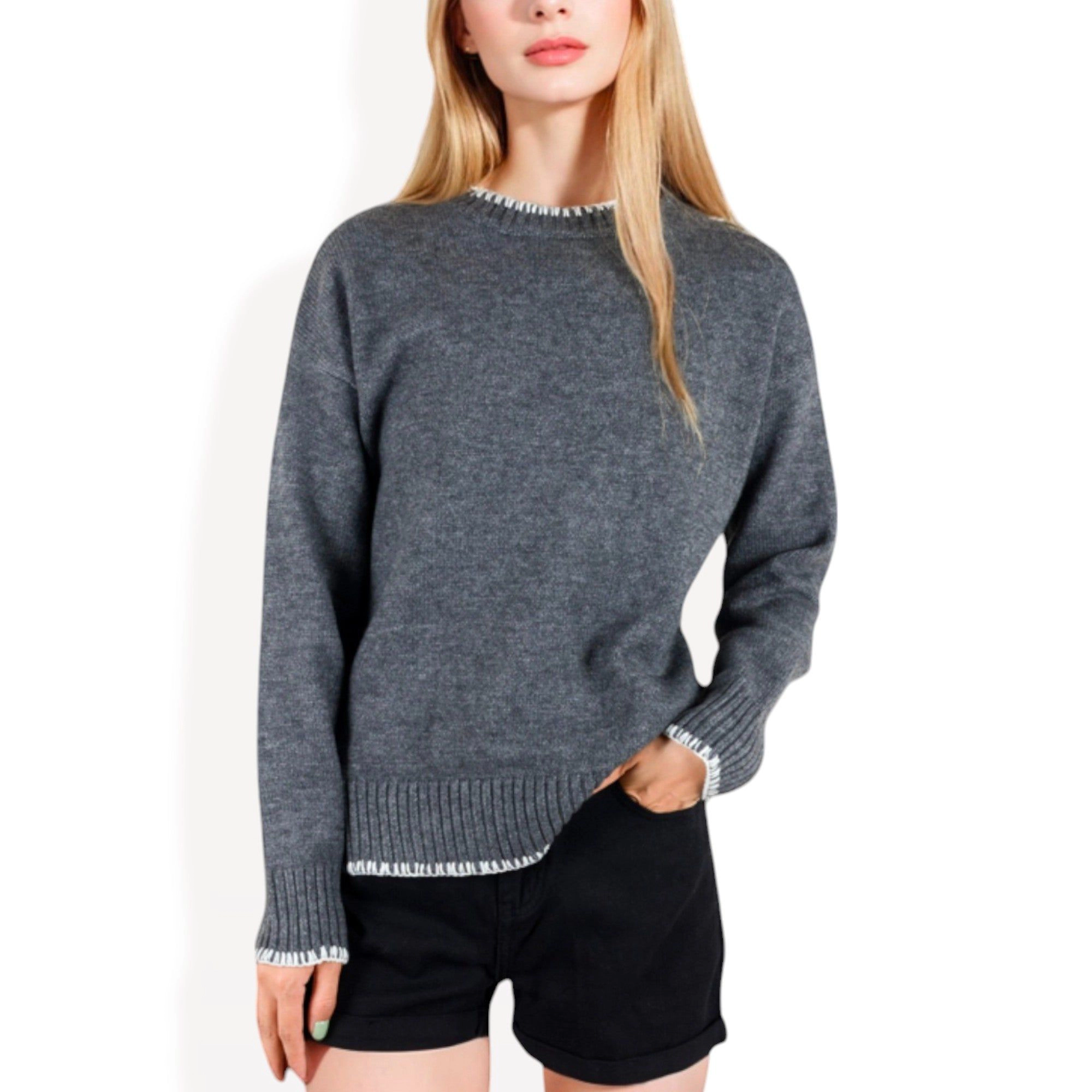 Anna-Kaci Women's Crew Neck Knit Sweater with Contrast Trim and Ribbed Hem