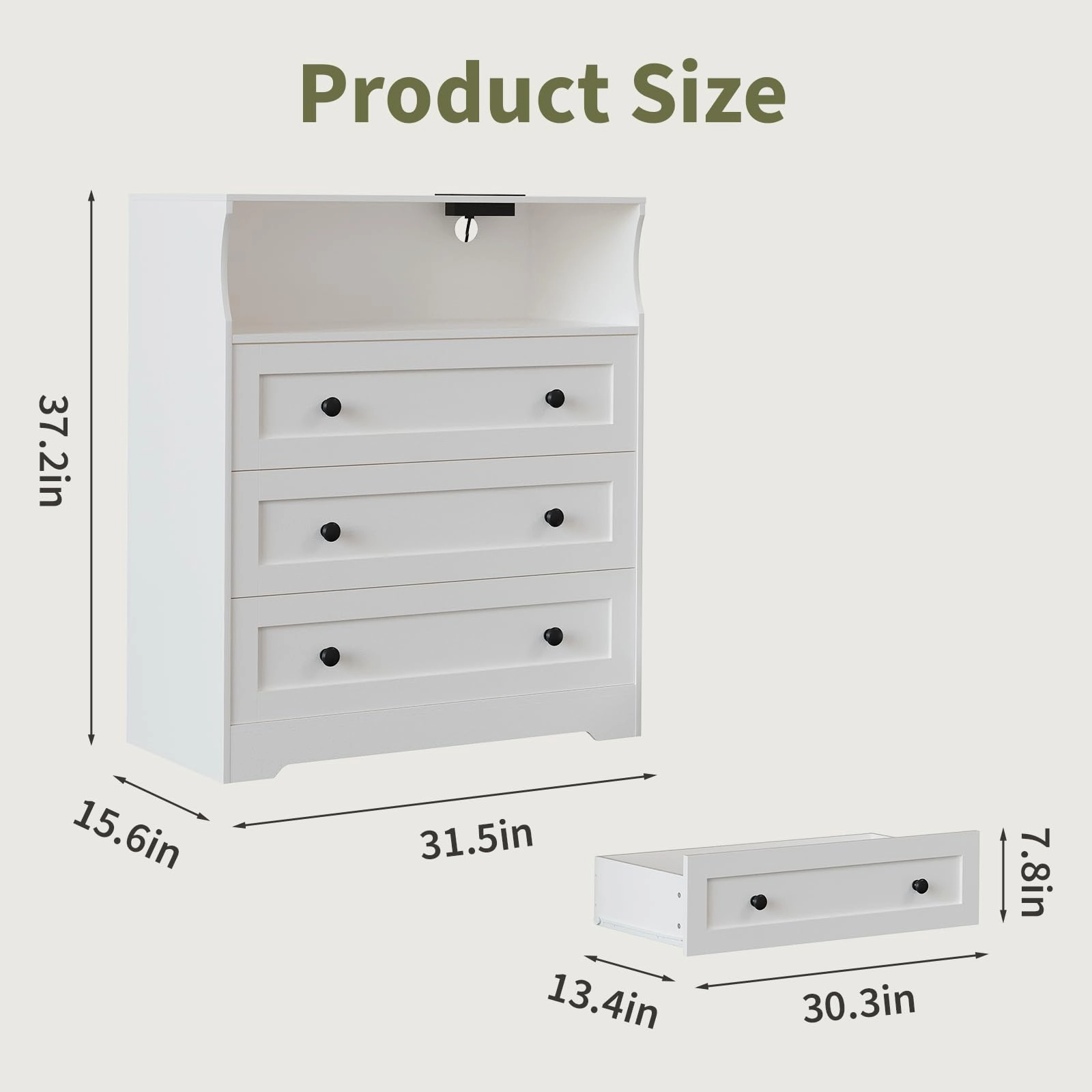 37.2" 3 Drawer Dresser with LED Lights & Charging Station, Wood Storage Chest Open Shelf