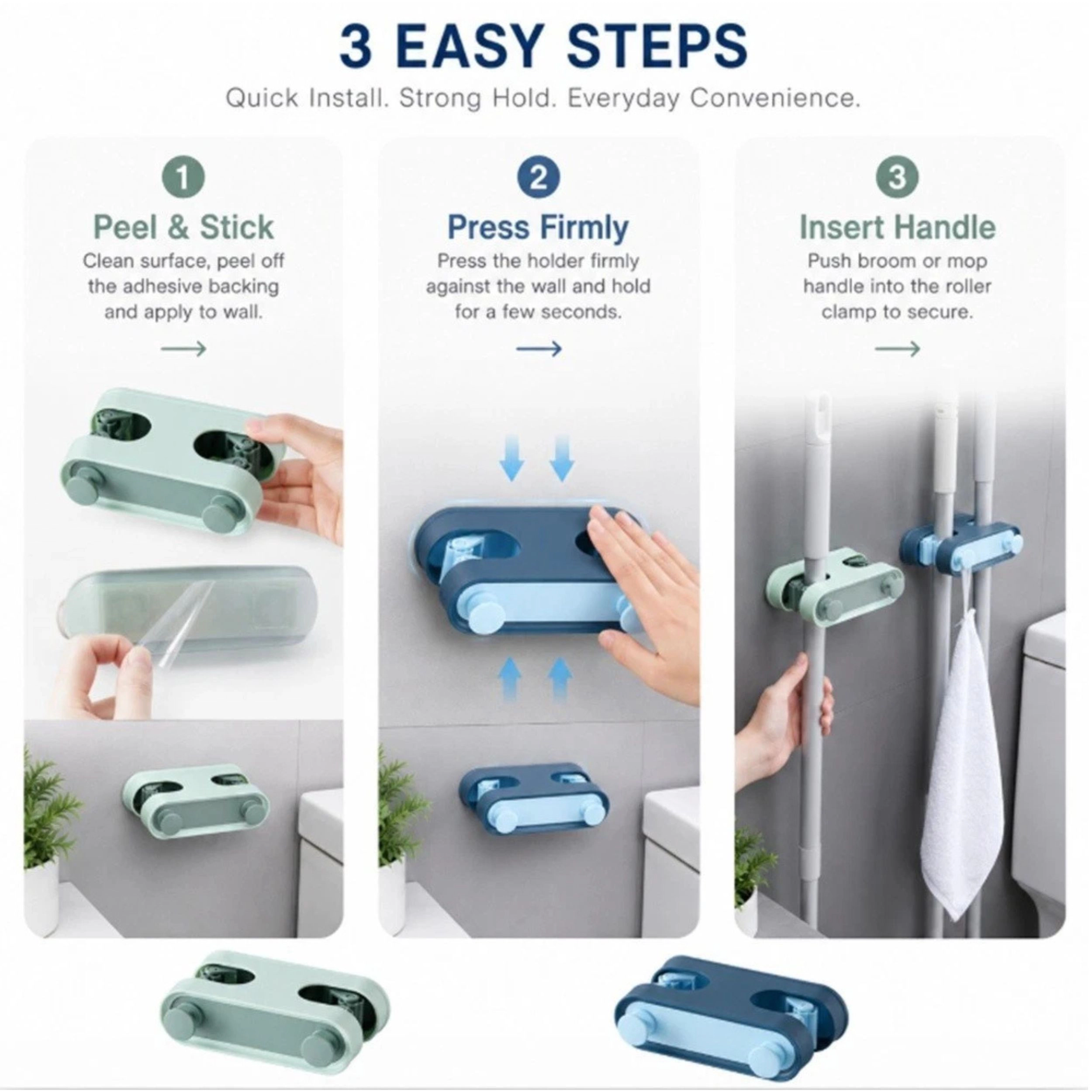 Home Collection Pack of 2 Wall Mounted Broom Mop Holder with Hooks Gripper Rack