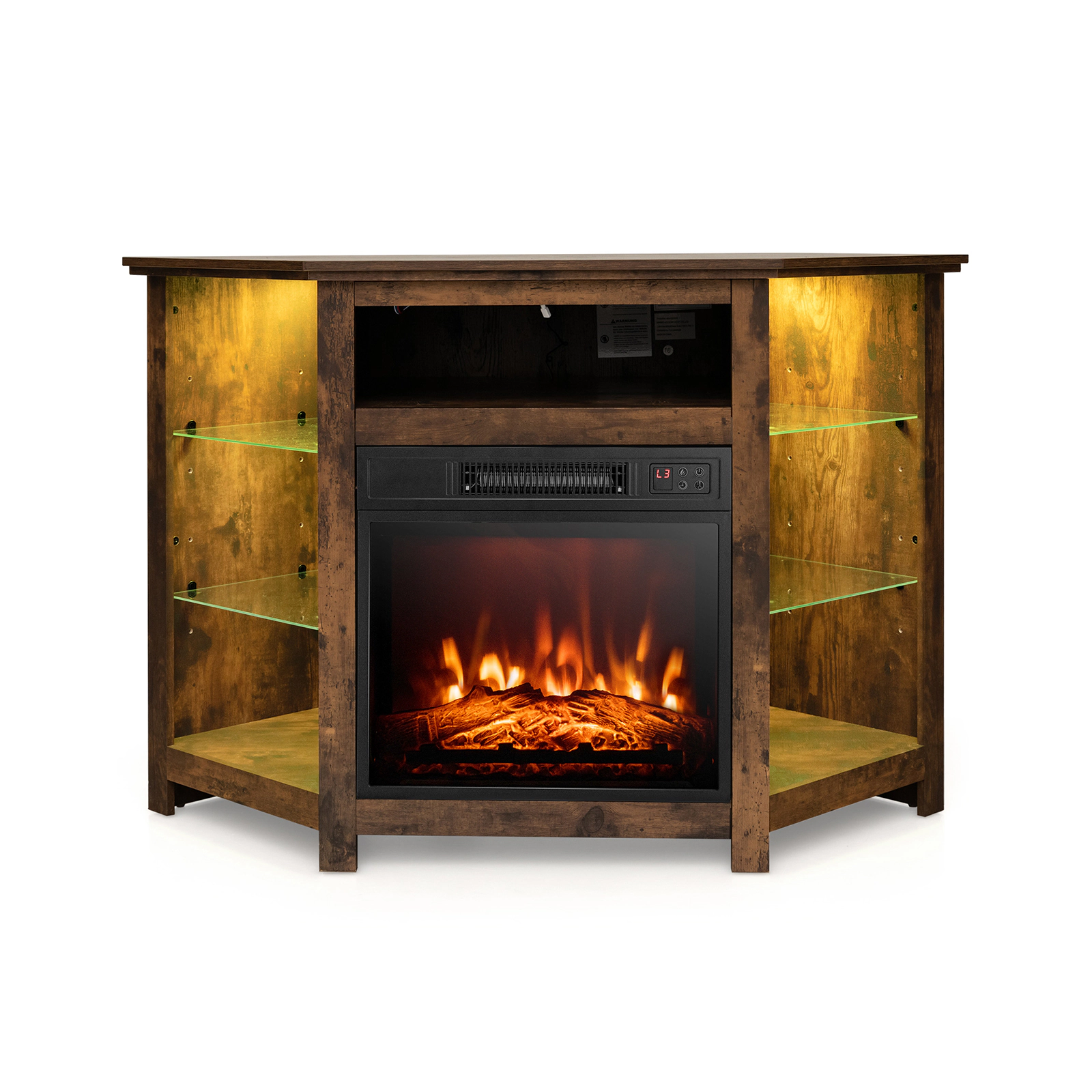 SUGIFT Corner Fireplace TV Stand for 50 with LED Lights and Glass Side Shelves