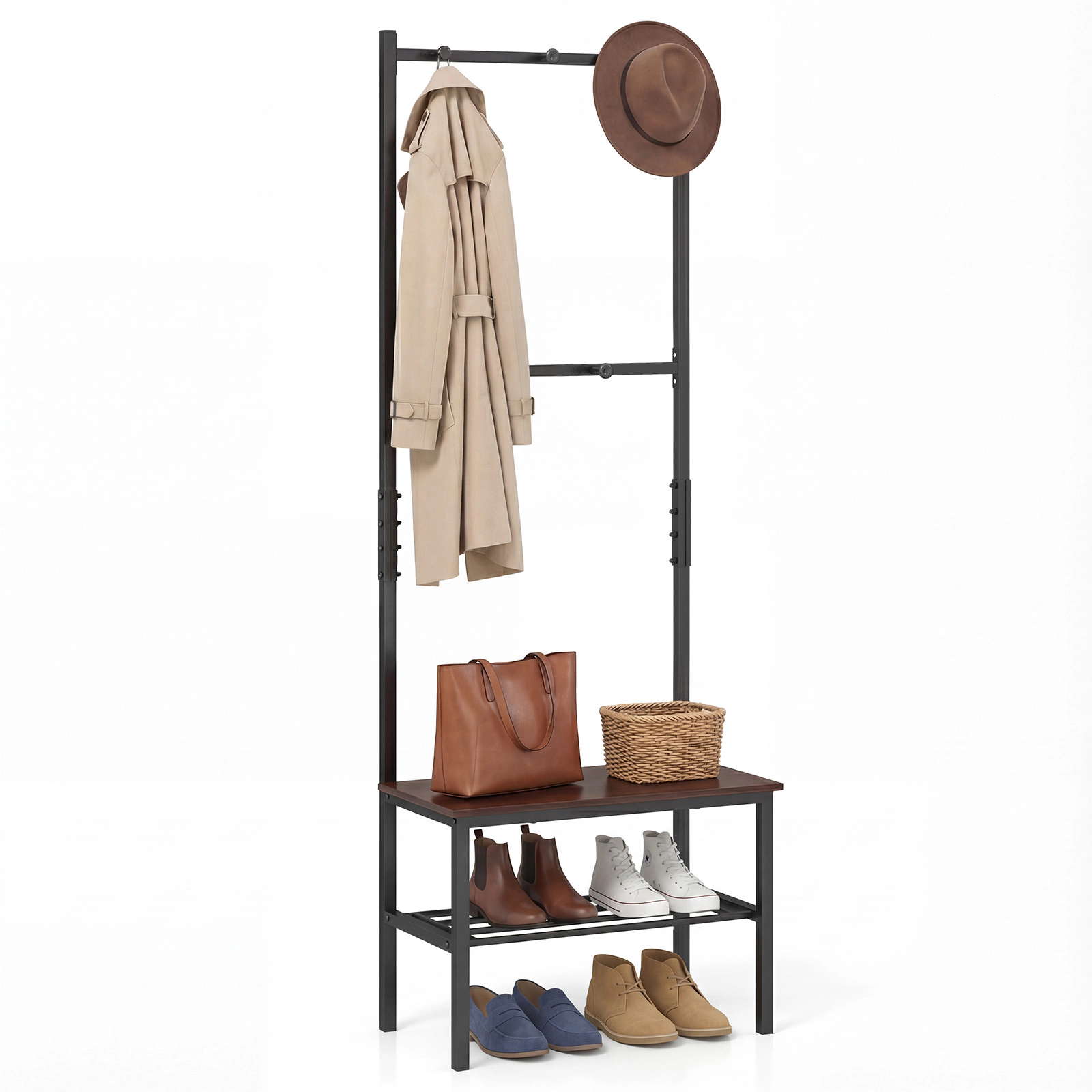 Glintex Industrial 3-in-1 Hall Tree with 220-Lb Bench and 7.5-Inch Clearance, Rustic Brown