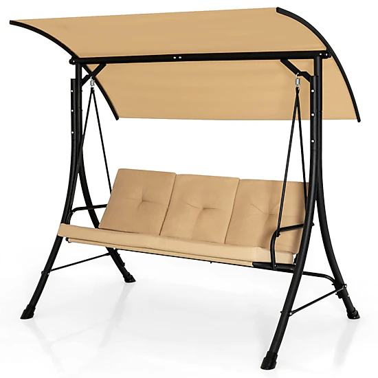 LJG 3-Seat Outdoor Porch Swing with Adjustable Canopy and Padded Cushions