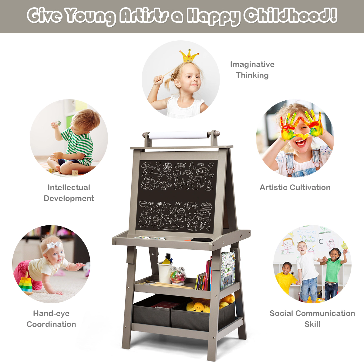 SUGIFT 3-in-1 Double-Sided Storage Art Easel with Paper Roll 46-in Tall Kids MDF Triangle Frame with Shelves & Bins Gray