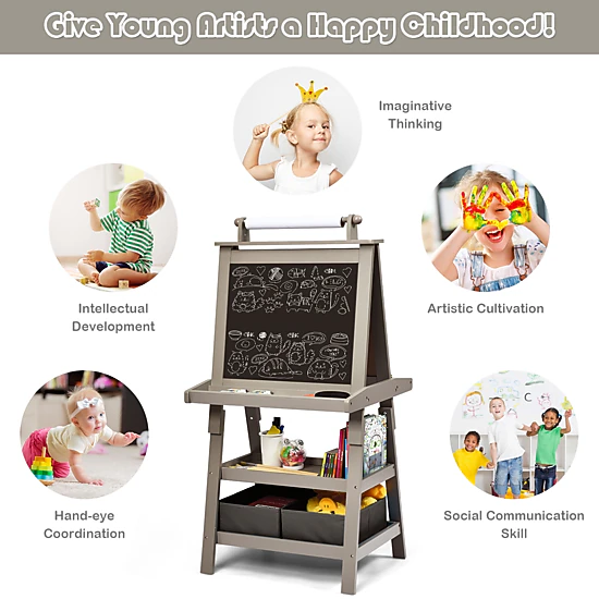 SUGIFT 3-in-1 Double-Sided Storage Art Easel with Paper Roll 46-in Tall Kids MDF Triangle Frame with Shelves & Bins Gray