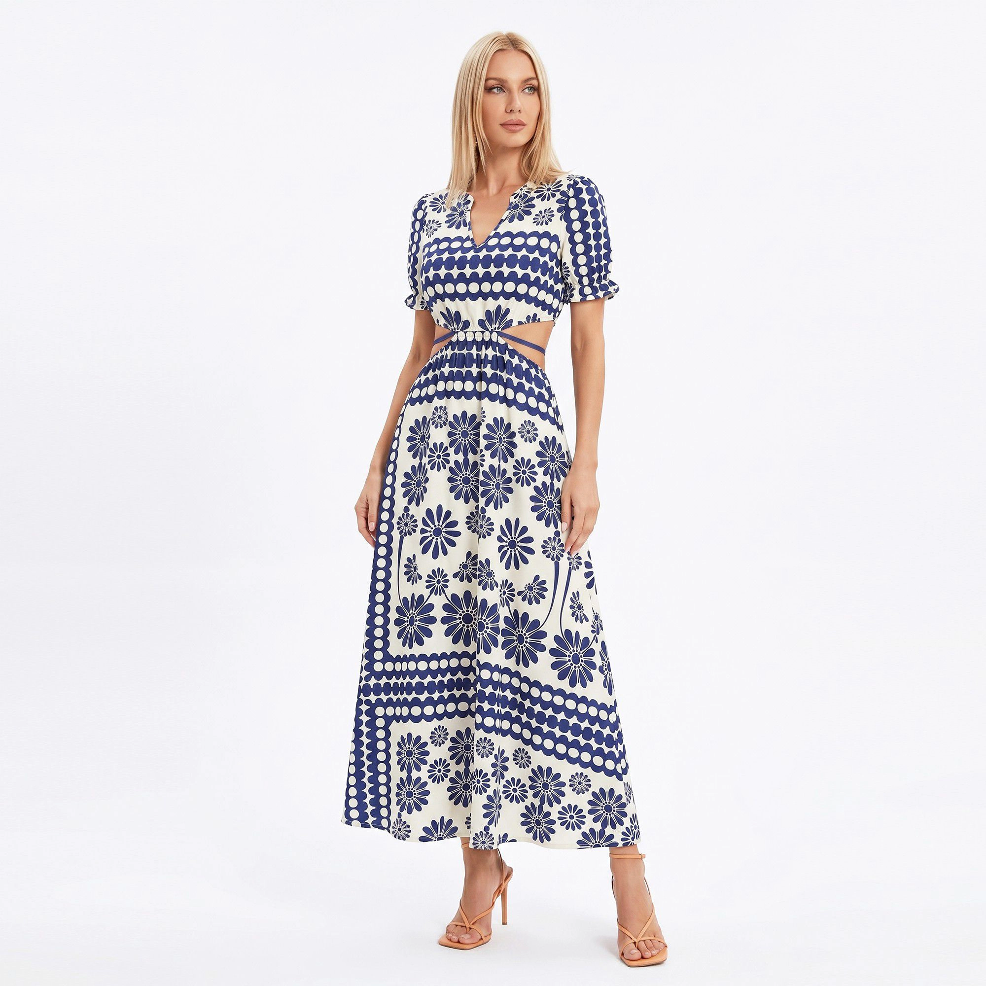 Anna-Kaci Women's Navy Paisley Cutout Maxi Dress with Tie Waist and Short Sleeves