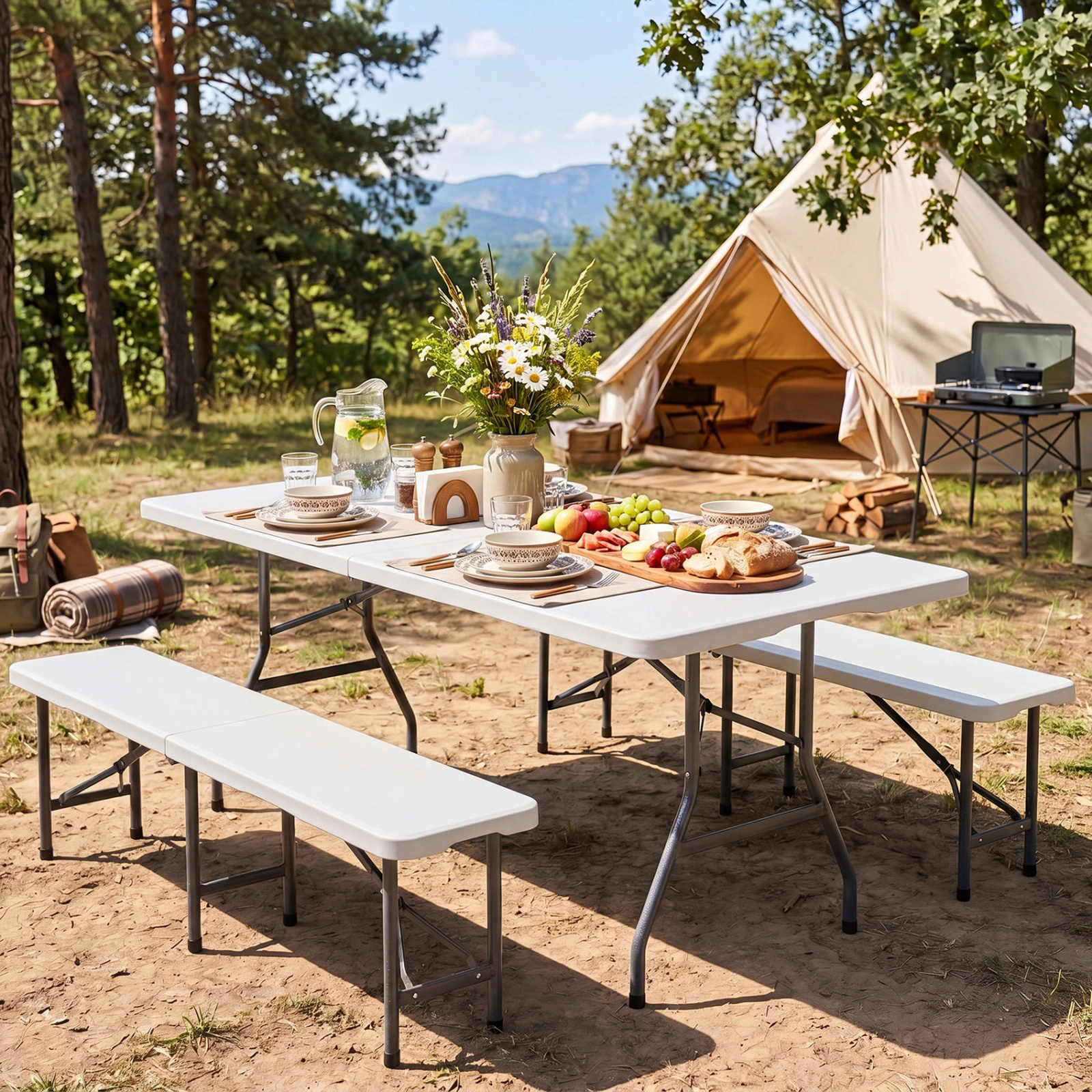 SUGIFT 6-Ft Fold-in-Half Camping Table 220-Lb Capacity with Metal Legs and Carry Handle White
