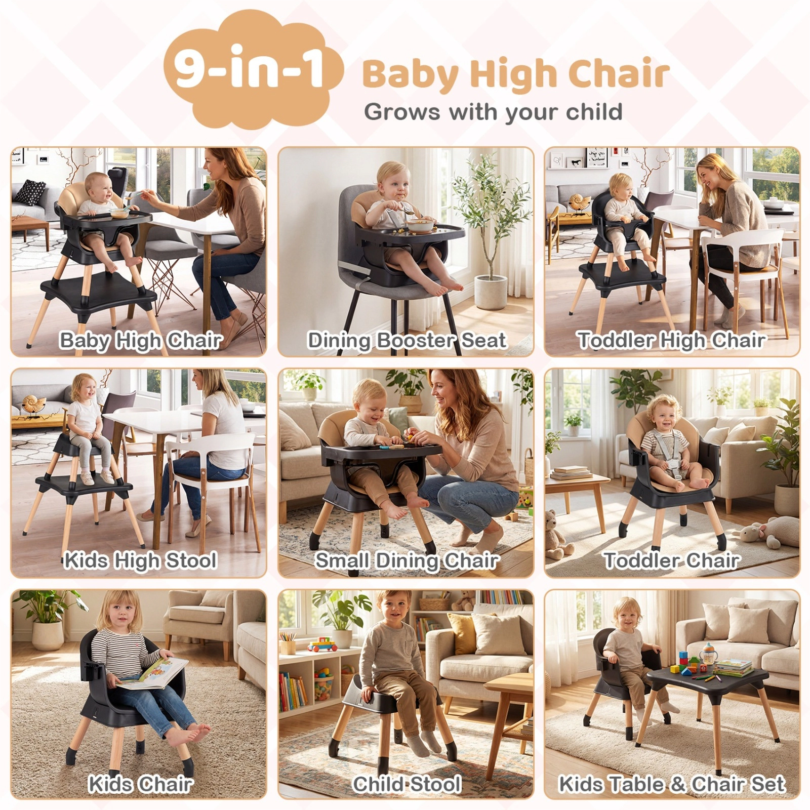 SUGIFT Solid Beech Wood Legs Booster Seat and Table 9-in-1 Convertible Baby High Chair