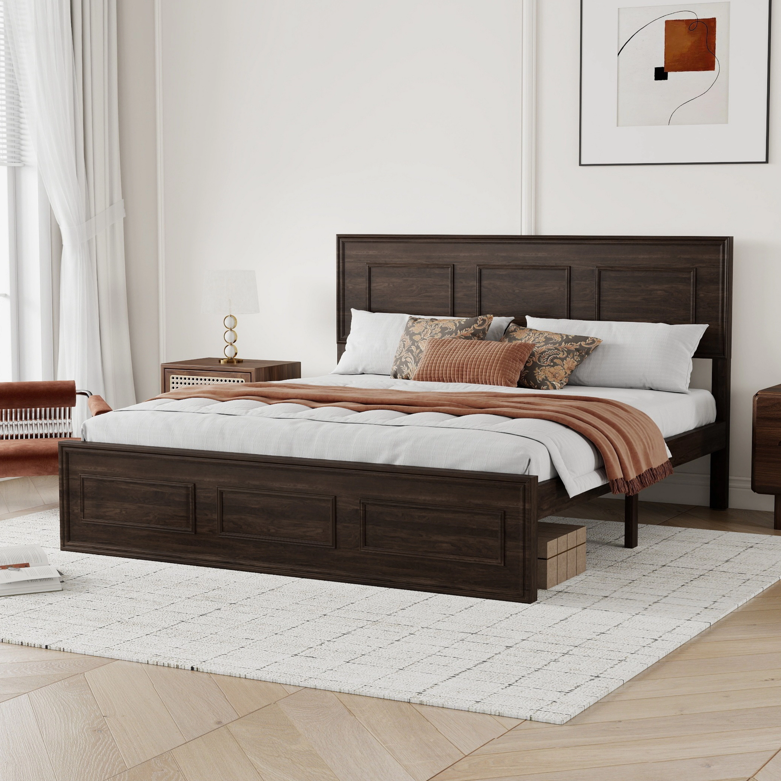 Flynama Queen Bed with Adjustable Height Headboard, Pine Wood Strengthened Frame, Rich Brown