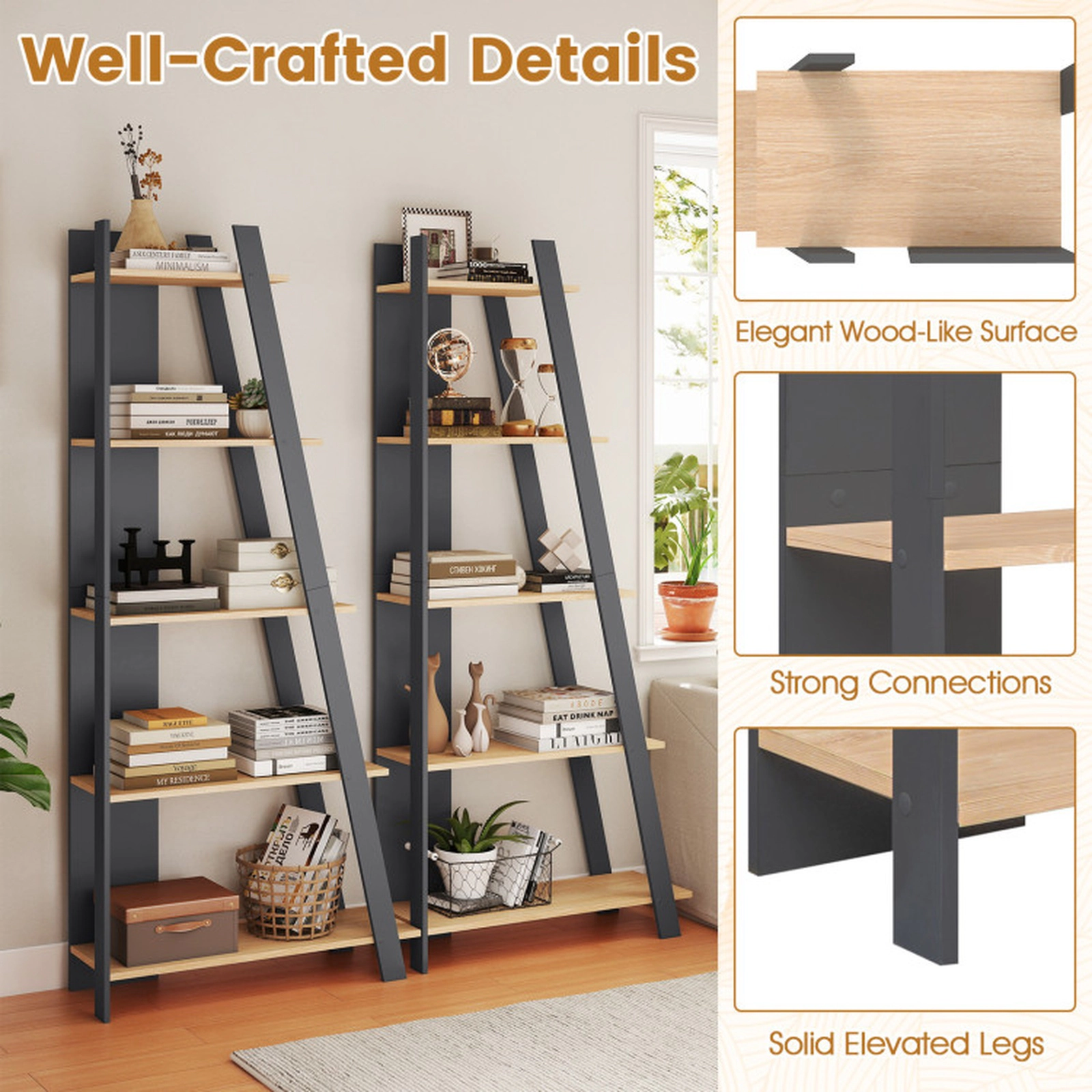 SUGIFT 5-Tier Modern Narrow Vertical Bookshelf 254-lb Total Capacity Engineered Wood 36-in Wide Gray + Natural/White