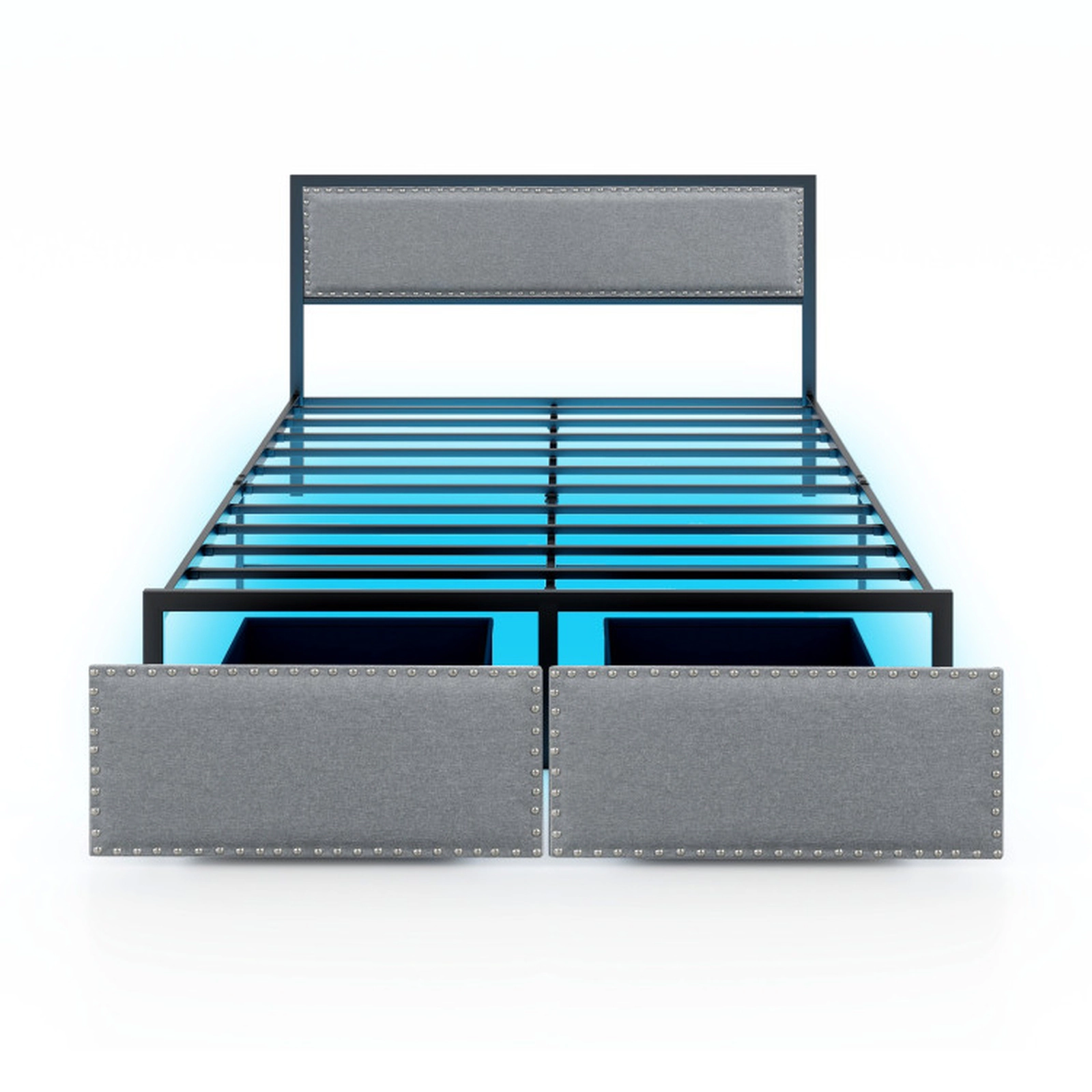SUGIFT Gray LED Lights Storage Drawer and Metal Slats Queen Size Upholstered Bed Frame
