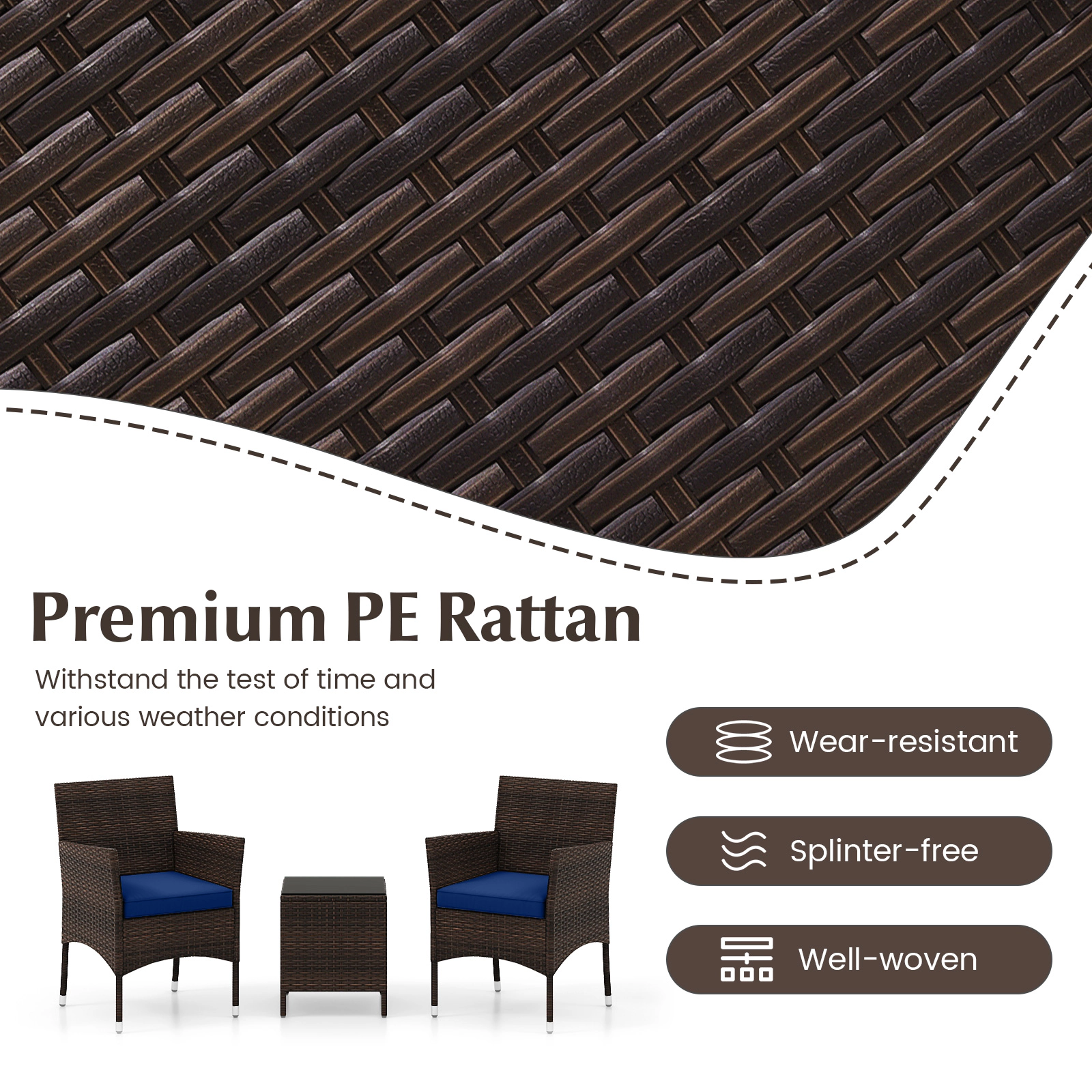 SUGIFT Outdoor Conversation Set Cushioned Seats & Glass Tabletop 400-lb Chair Capacity Mix Brown Rattan Navy Cushions
