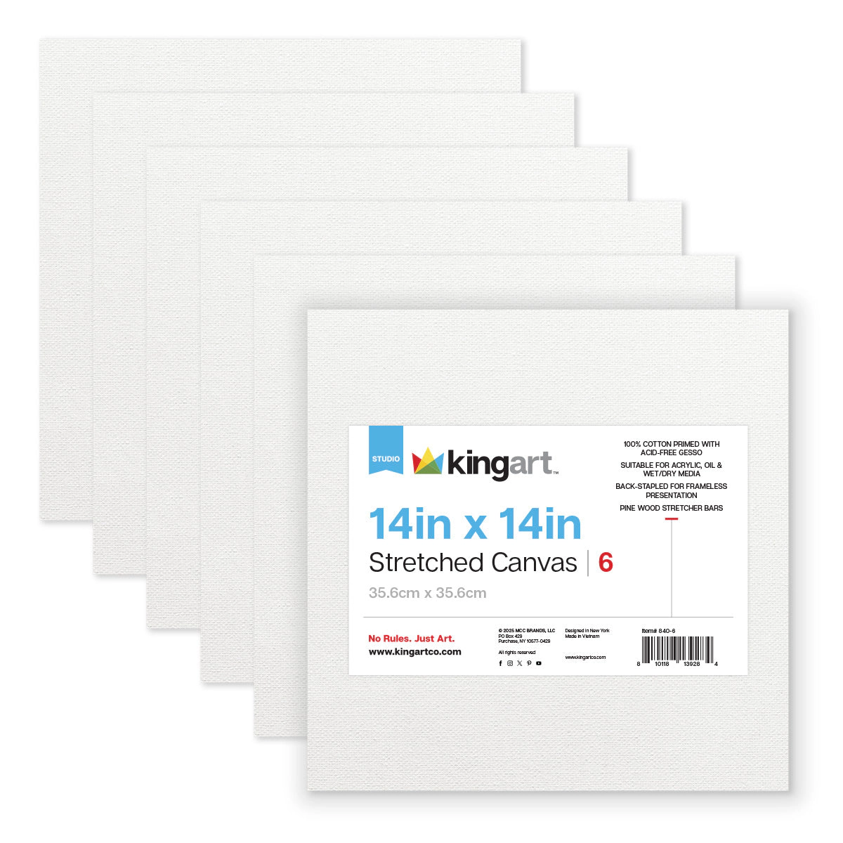 KINGART Stretched Canvas Set 14" x 14" Square 100% Cotton Primed 6-Pack