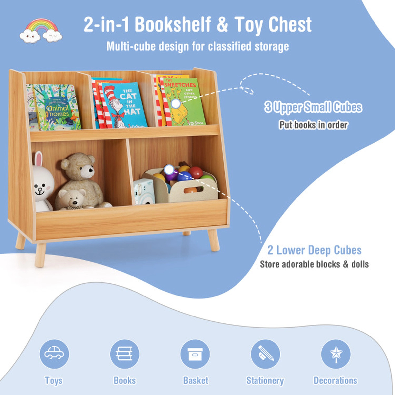 SUGIFT 5-Cube 68-lb Capacity 28-in Kids Bookshelf and Toy Organizer with Anti-Tipping Kits and Wood Legs