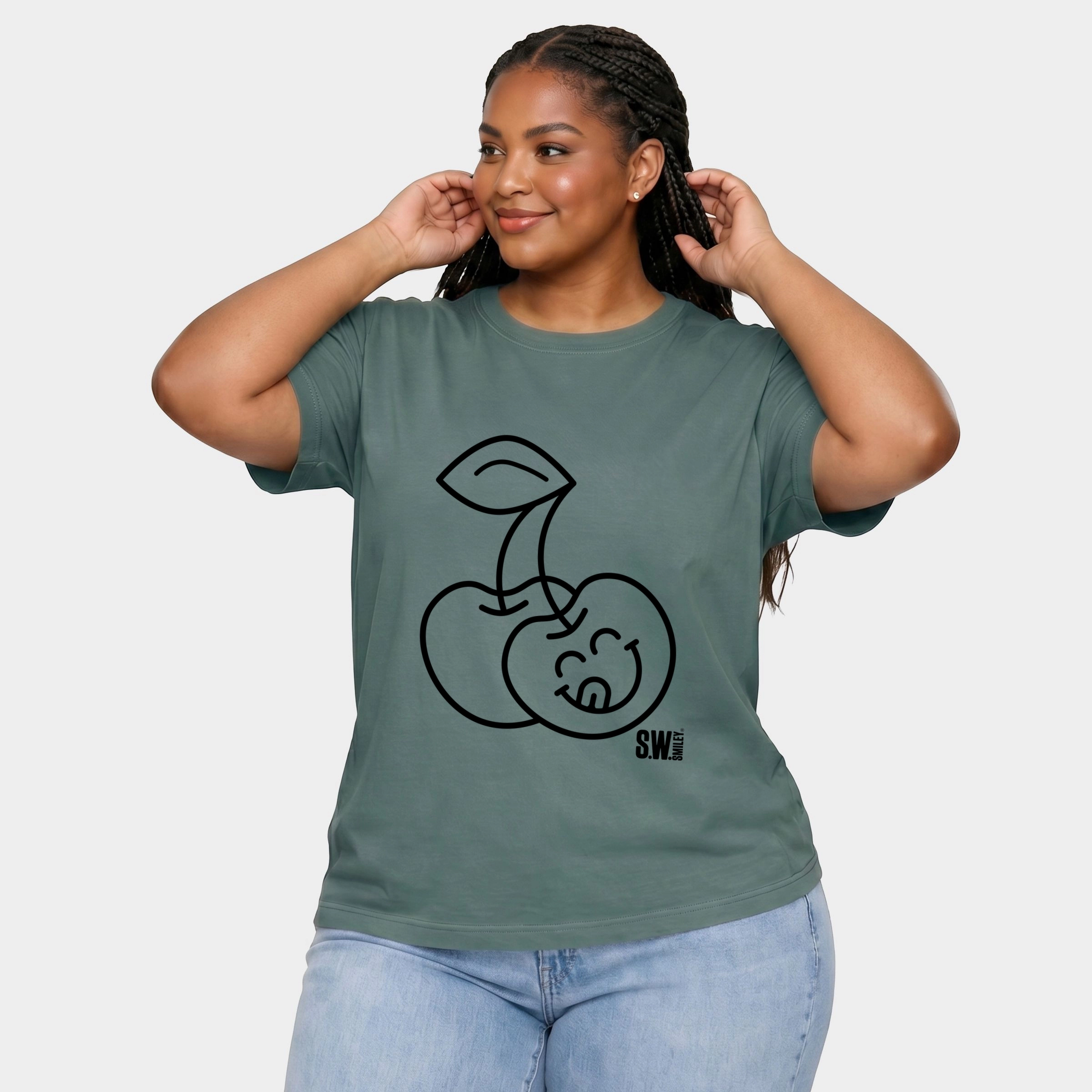 Simply Sage Market - Women's Plus Sized Garment Dyed Graphic T-Shirt S.W.Smiley Cherry Face Outline