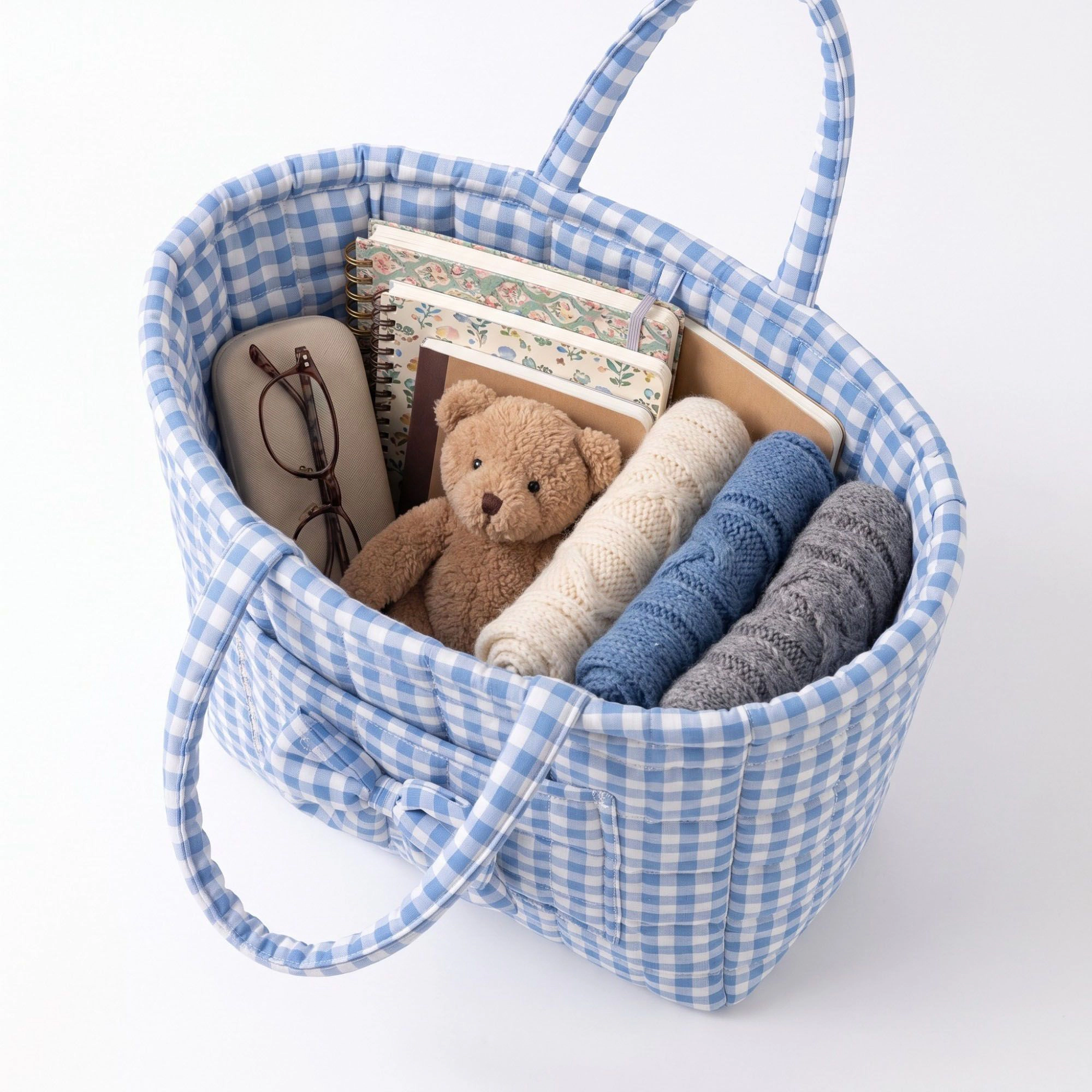 Alilang Unisex Quilted Gingham Storage Basket with Handles and Bow