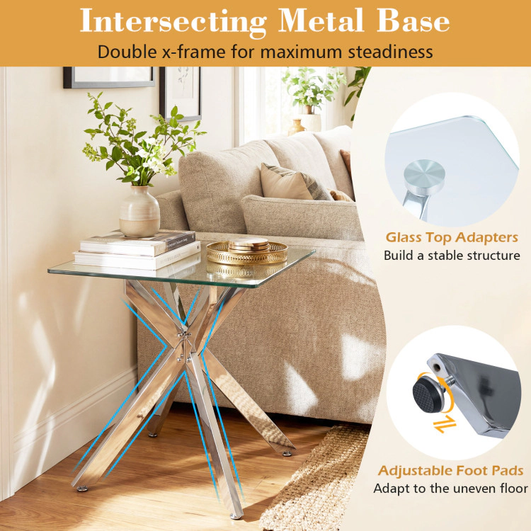 Hivvago Glass Side Table Square End Table With Tempered Glass Top And Metal X Base