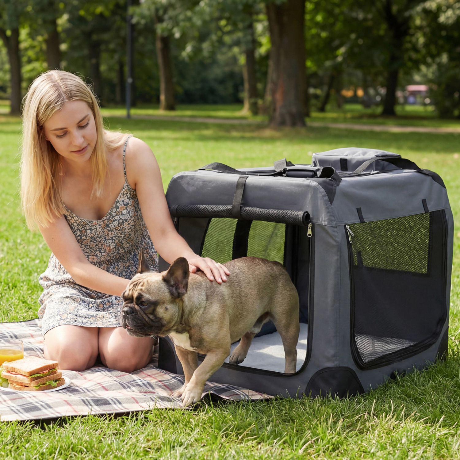 SUGIFT 36-in Gray Collapsible Soft Dog Crate with Fleece Bed Mesh Windows and 3 Doors 25-in W 25-in H