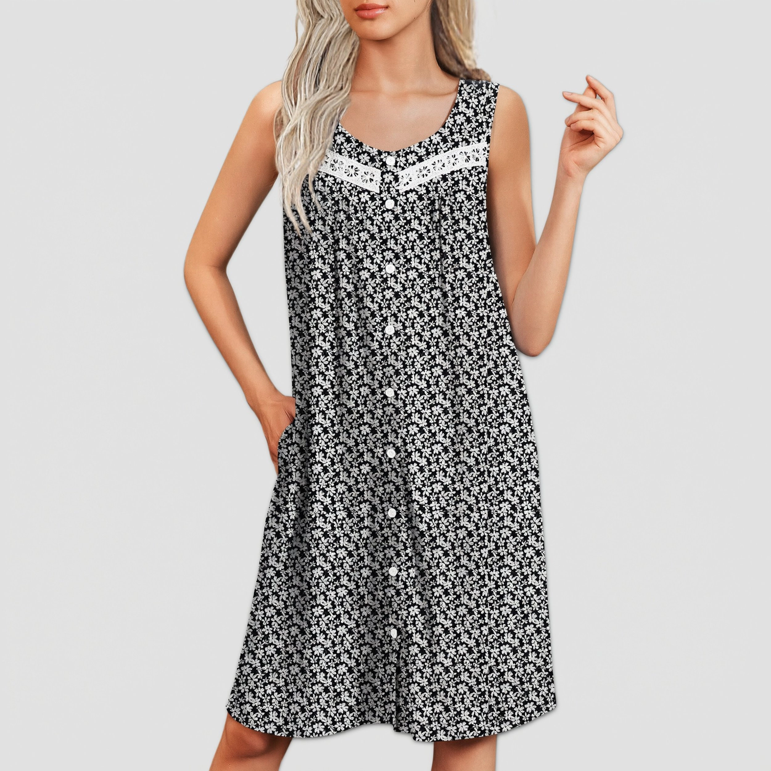 Ekouaer Nightgowns for Women Button Up Sleepshirt Tank Sleeveless Nightshirt Soft Sleepwear