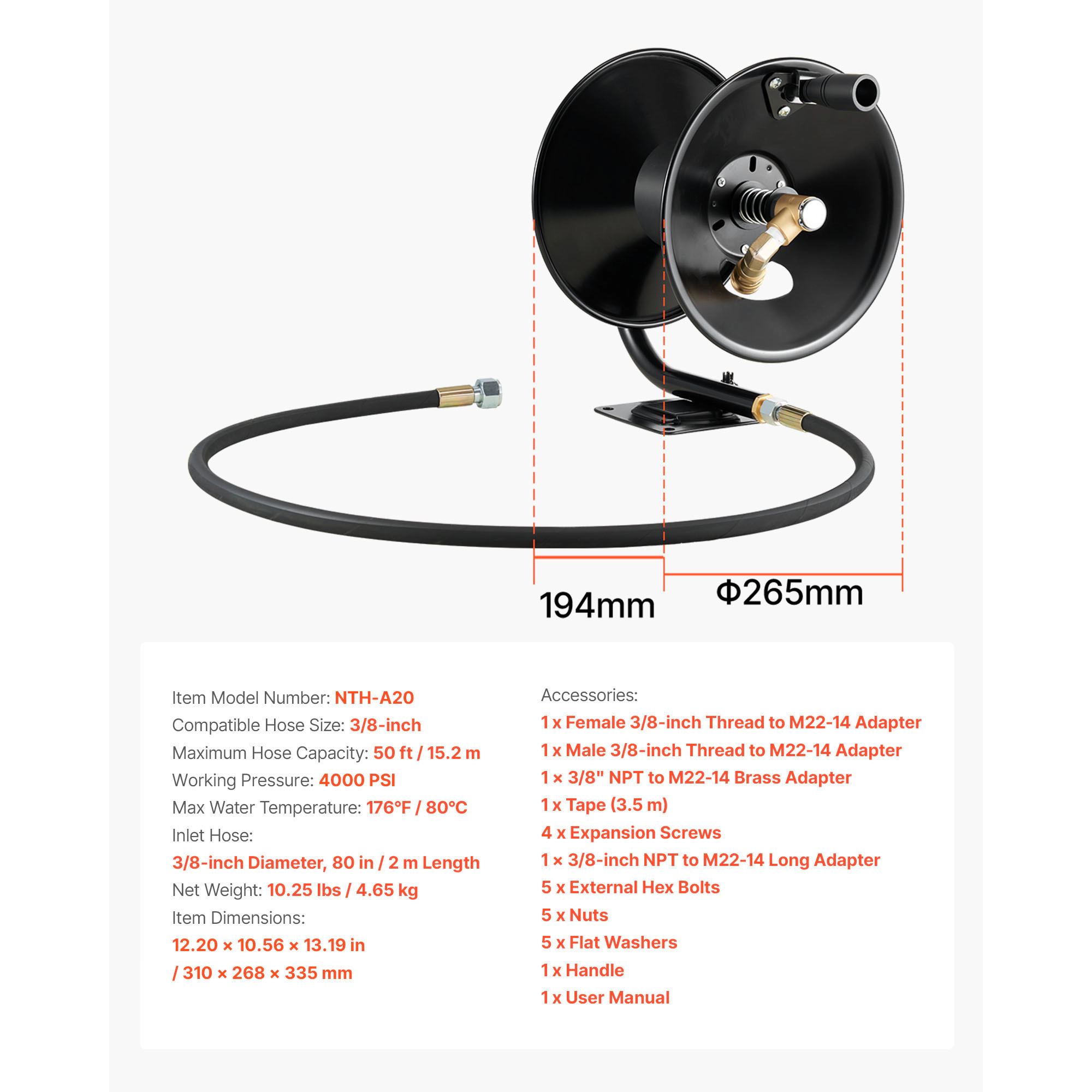 HONGGE Pressure Washer Hose Reel Retractable Power Heavy-Duty Steel Washer Hose Reel 4000PSI Max Auto-Rewinding