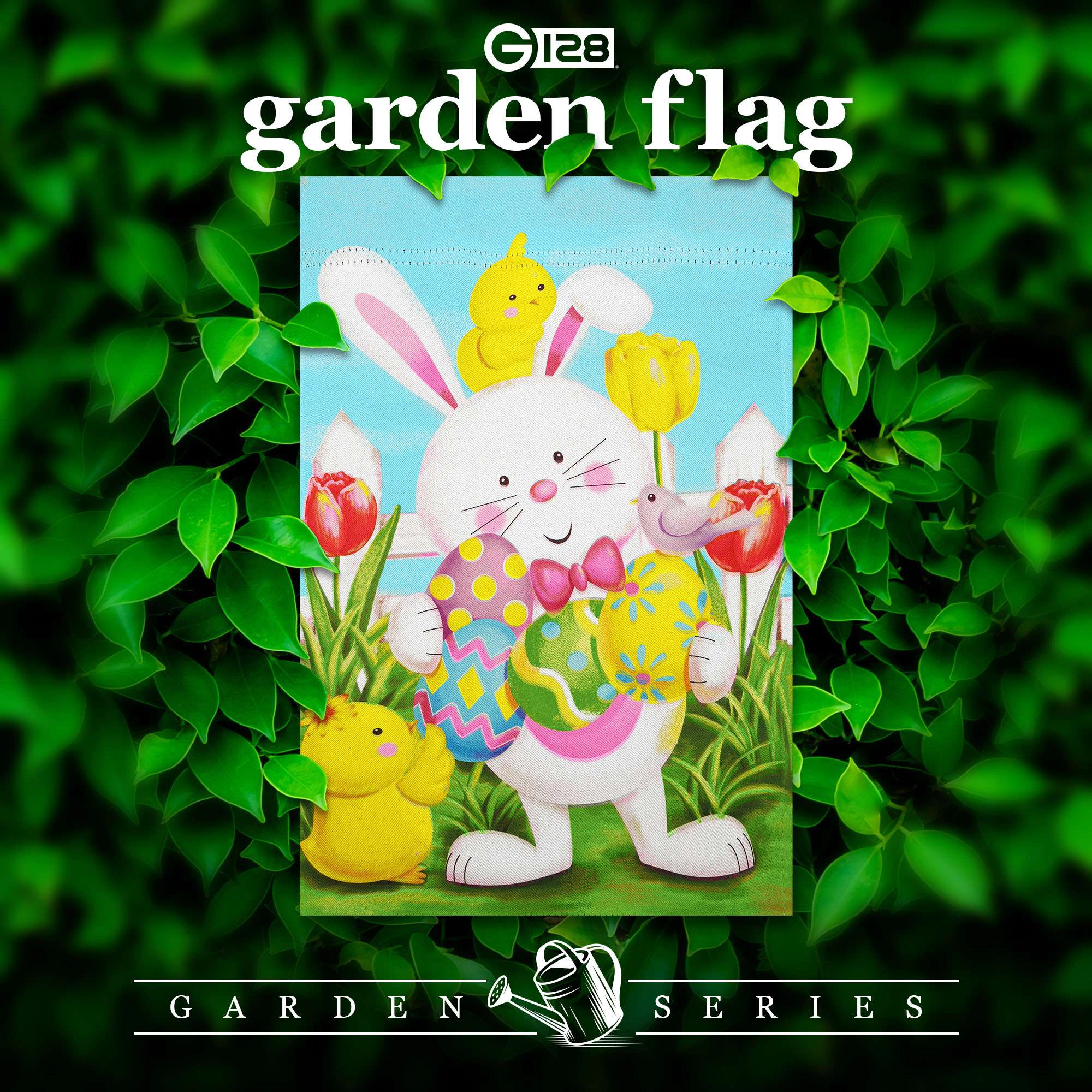 G128 Happy Easter Garden Flag 12x18 in Double-Sided White Bunny with Eggs