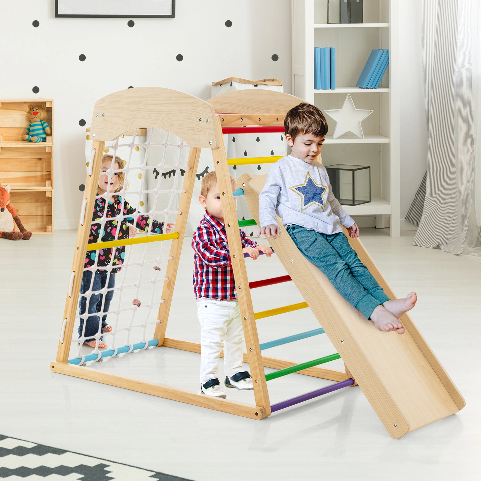 SUGIFT Multicolor 6-in-1 Wooden Kids Climber with Monkey Bars and Reversible Ramp 41.5-in W 26.5-in D 44.5-in H