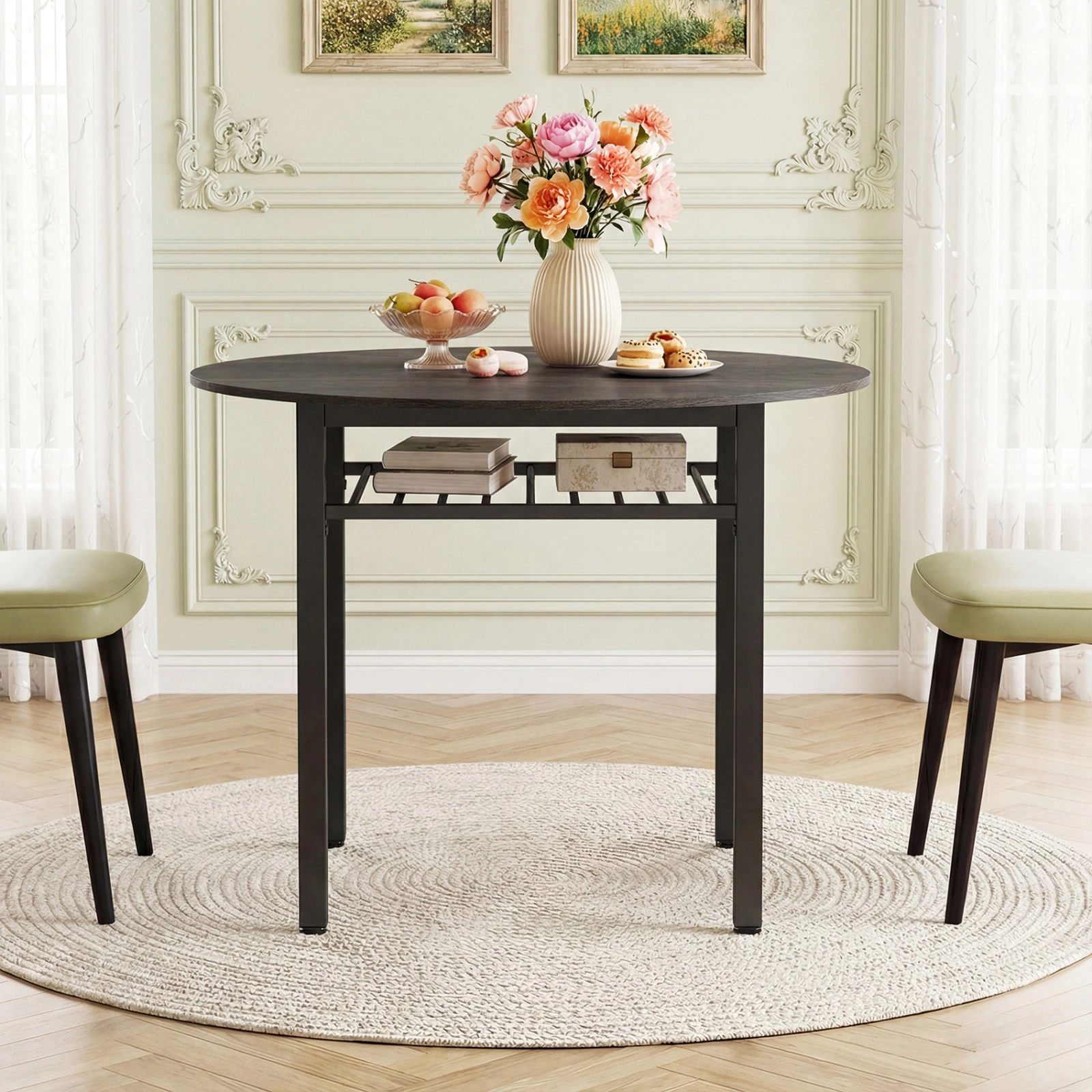 SUGIFT 40-Inch Gray Round Dining Table for 4 with Storage Shelf