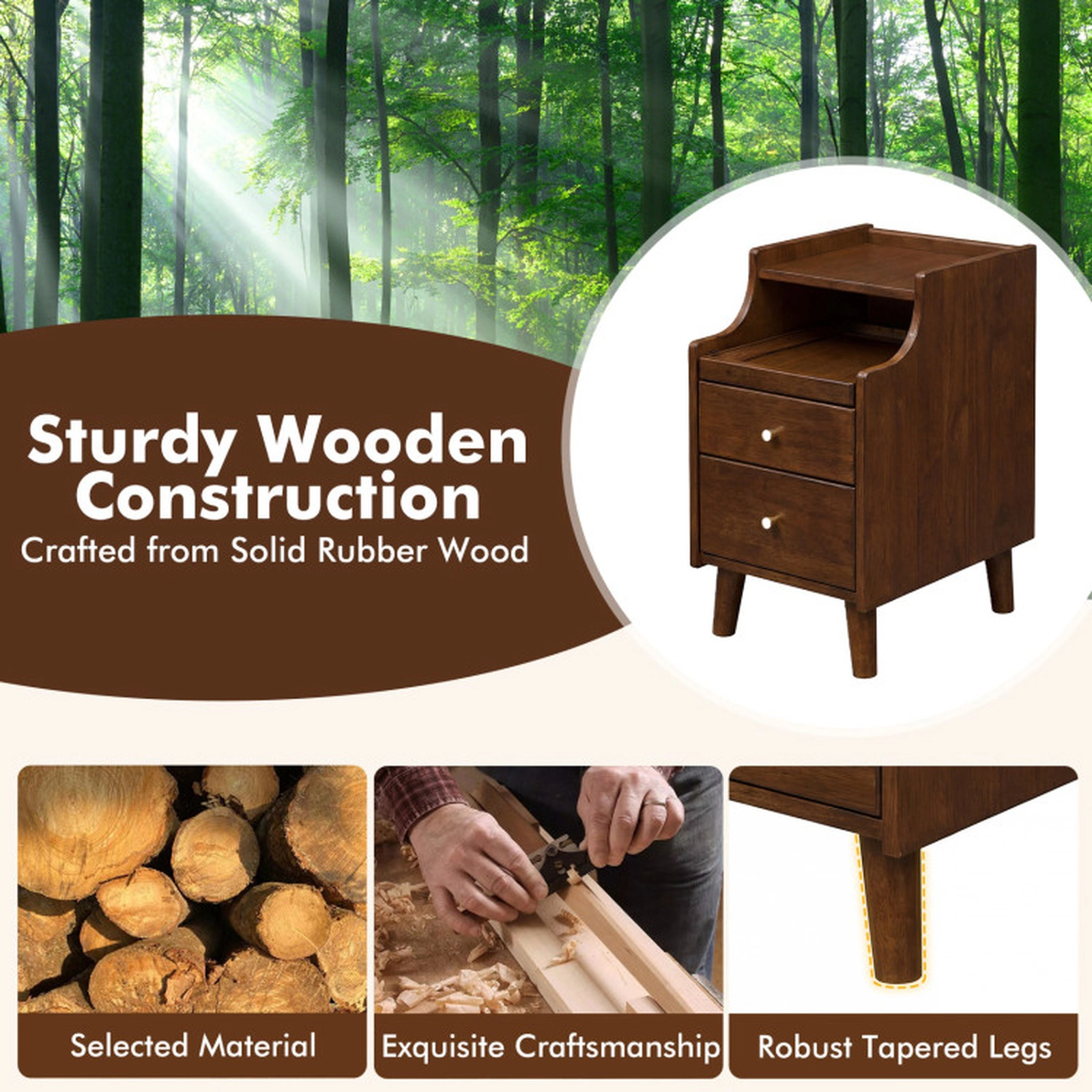 SUGIFT Set of 2 Brown Wooden Nightstands, 20-Inch Bedside Tables with Pull-Out Cable Trays and 2 Drawers