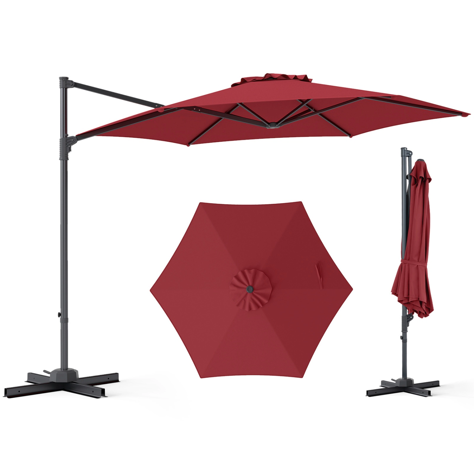 SUGIFT 10-ft 360° Rotating Cantilever Patio Umbrella with Vented Polyester Canopy and Cross Base Wine
