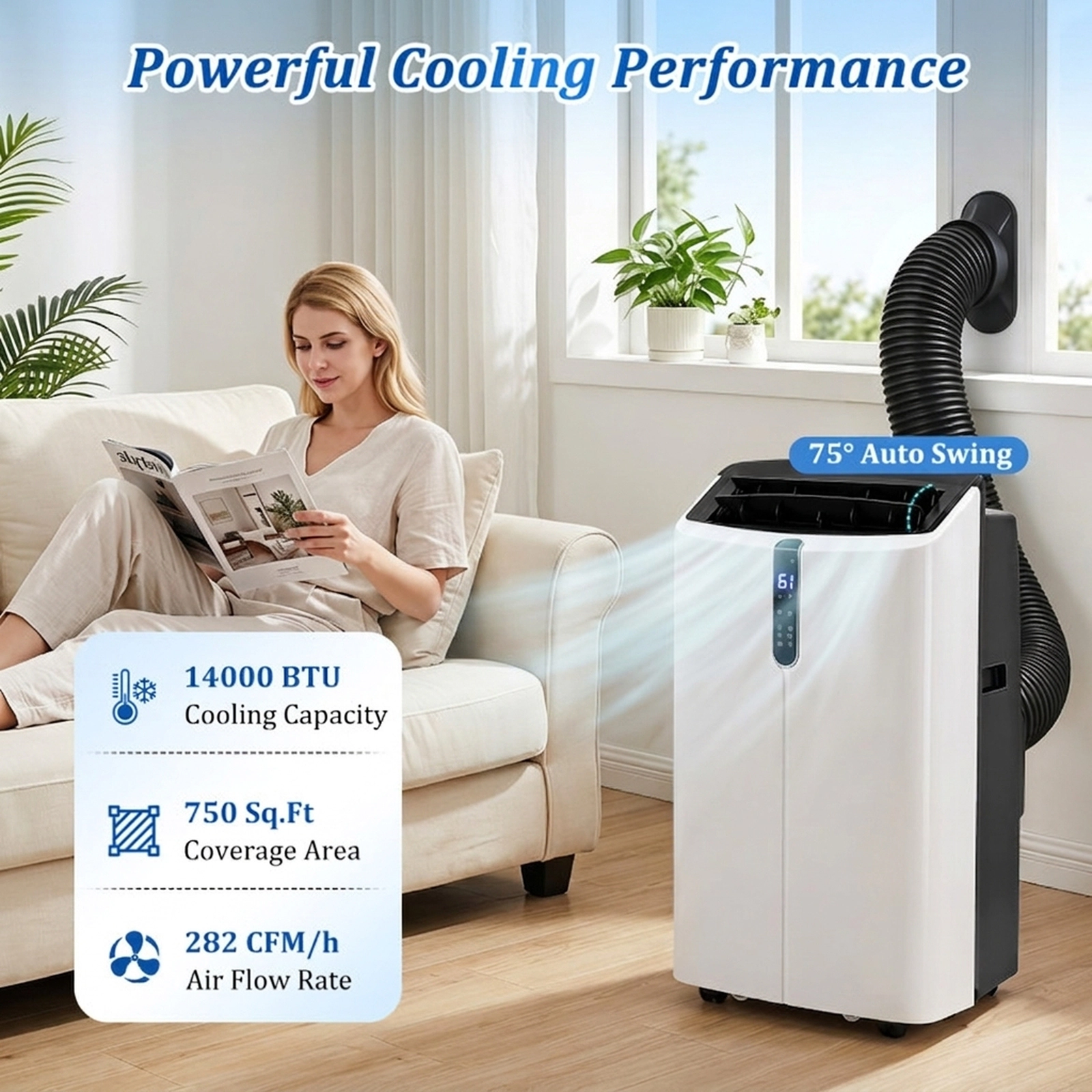 SUGIFT 14000 BTU Smart Portable Air Conditioner 10000 BTU SACC 47 dB for Rooms 750 Sq Ft 17.5-in Wide White/Black