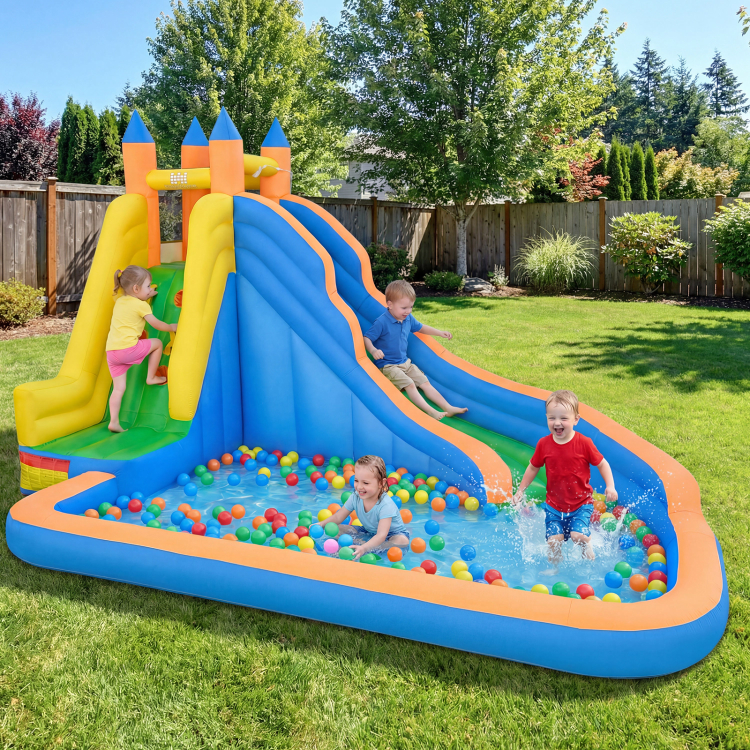 LJG Kids Inflatable Mighty Bounce House Jumper with Water Slide without Blower