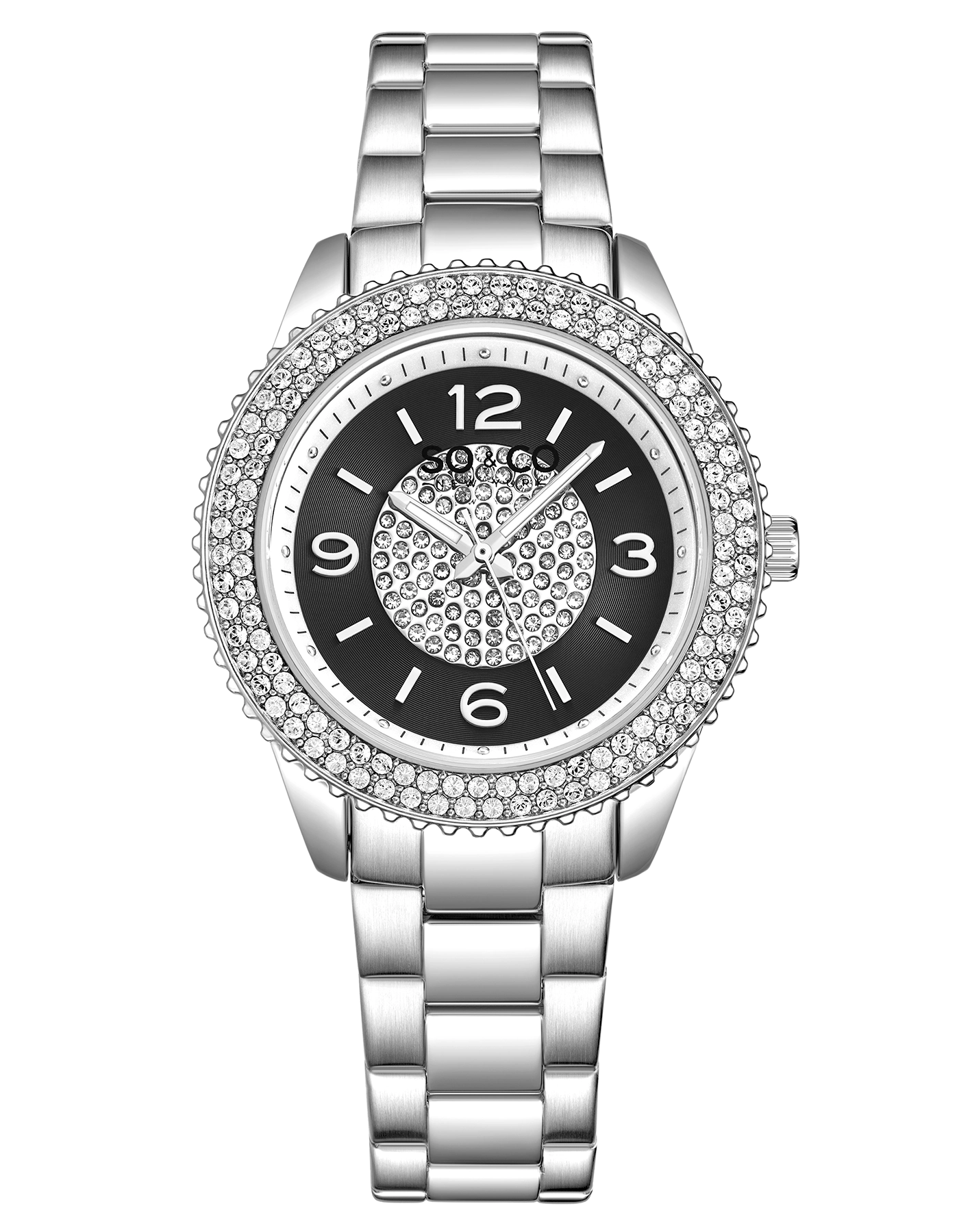 SO&CO Madison 5532 38mm Quartz Watch with Crystals on Bezel and Inner Dial Stainless Steel Bracelet 18mm wide