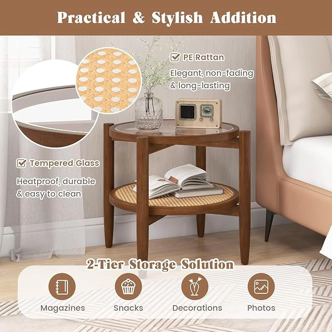 Glintex 2-Piece Round Rattan Side Table Set with Tempered Glass Tops, Walnut