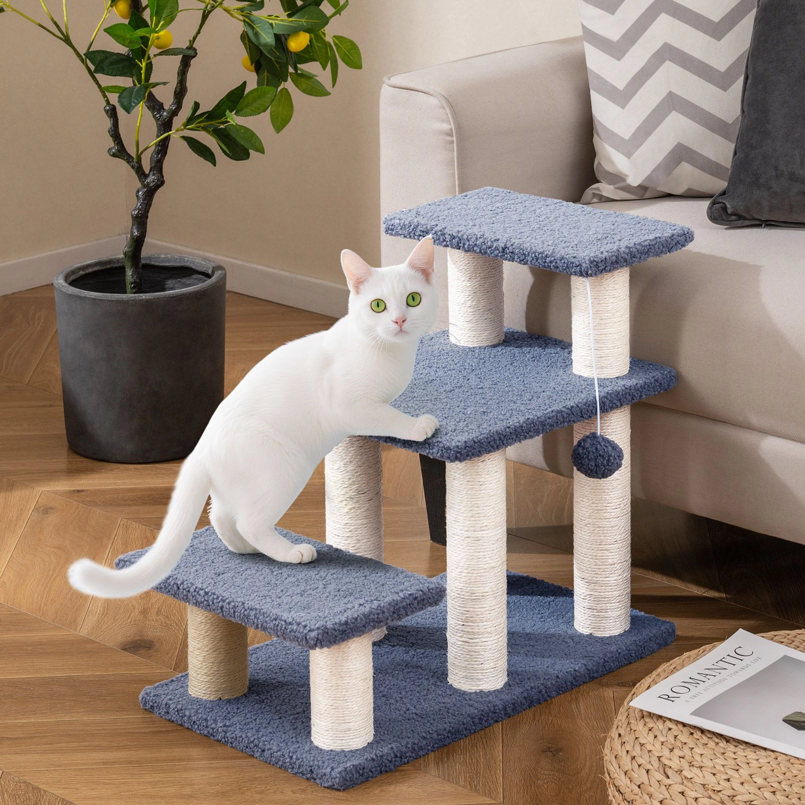SlickBlue Gray 3-Tier Cat Stairs with Plush Steps and Scratching Posts