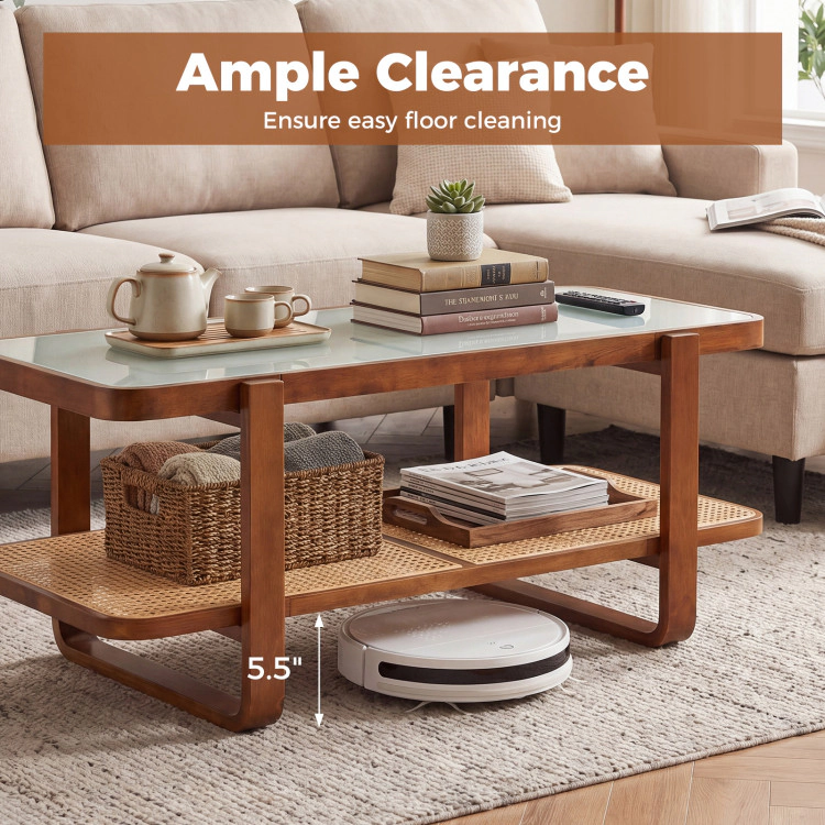 Hivvago Rattan Coffee Table With Tempered Glass Top And Storage Shelf
