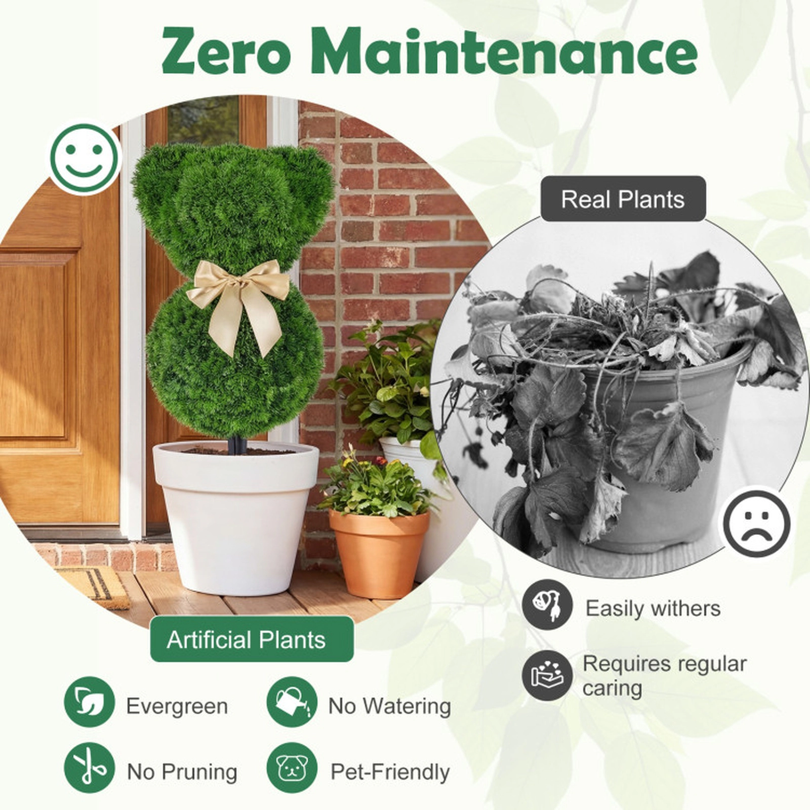 SUGIFT 2-Piece Teddy Bear Faux Boxwood Topiary Trees with Ground Spikes Sun-Resistant PE + PP Green + Golden