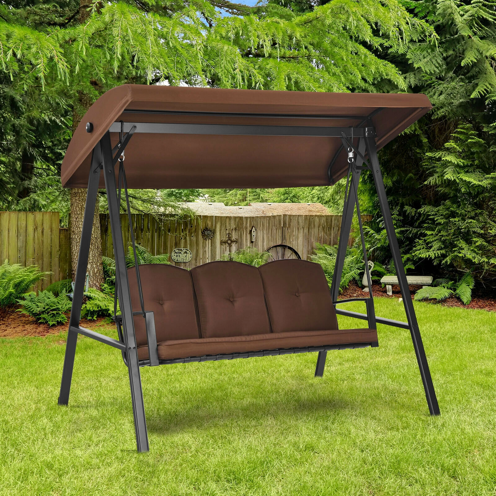 LJG Outdoor 3-Seat Porch Swing with Adjust Canopy and Cushions