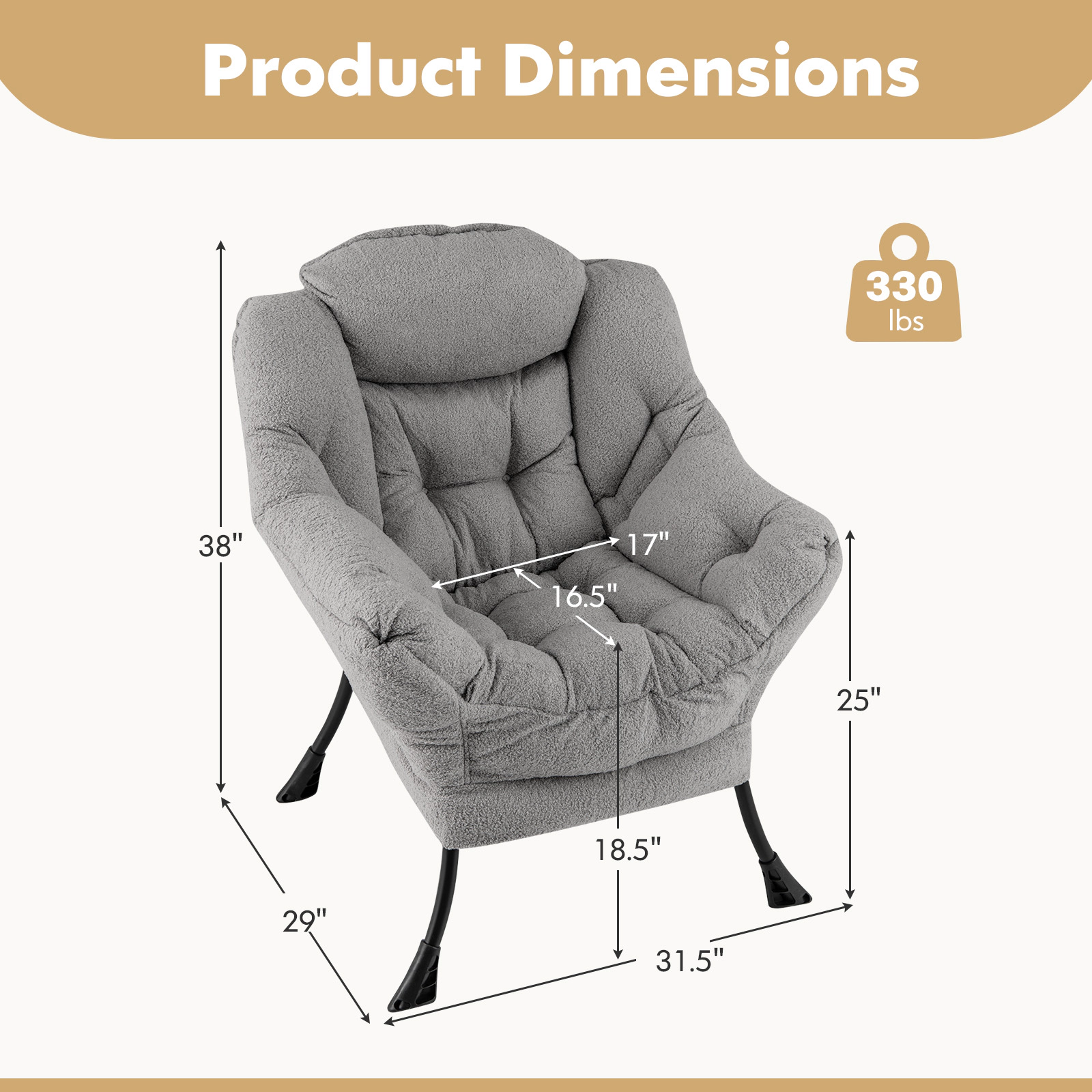 SUGIFT Sherpa Upholstered Accent Chair with Cozy Head Pillow 330-lb Capacity Beige Gray Pink