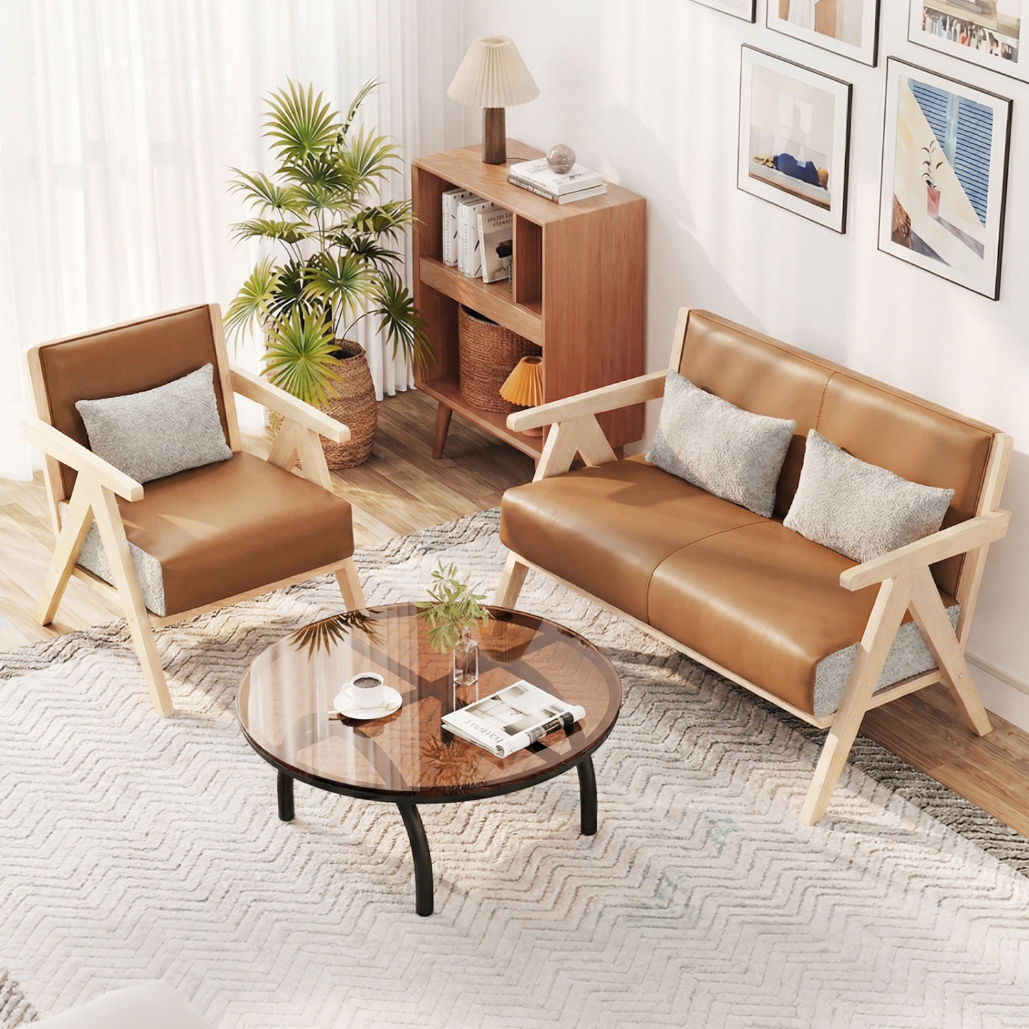LJG Mid-Century Modern Accent Chair Artificial Leather Sofa with Rubber Wood Frame
