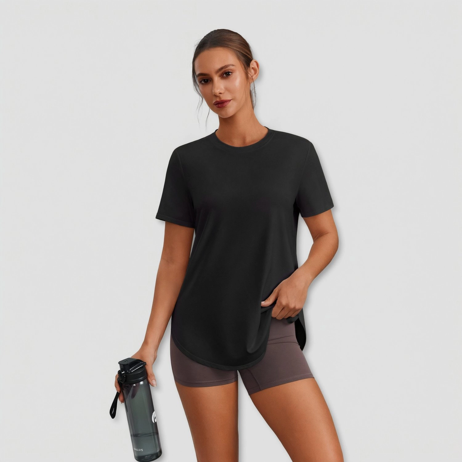 Pinspark Womens Solid Short Sleeve Tee Crew Neck Curved Hem Loose Casual Workout Tops
