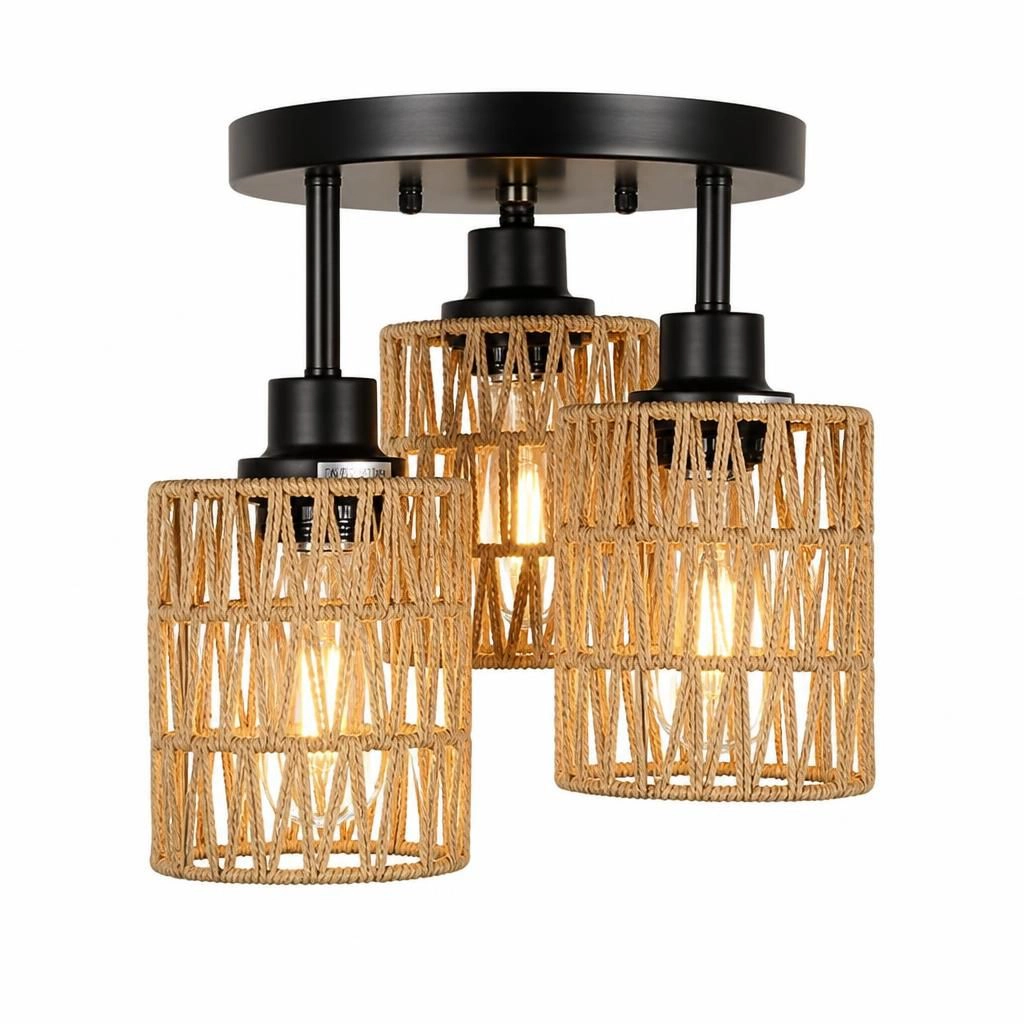 ELEMENT ACE Round Woven Rattan Metal Ceiling Light