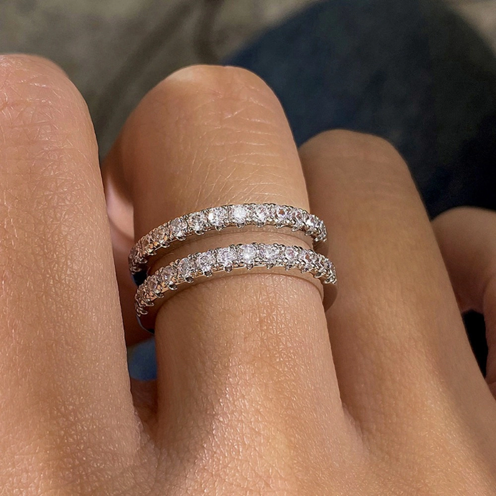 Women Dainty Cubic Zirconia Half Eternity Stackable Engagement Enhancer Guard Double Ring