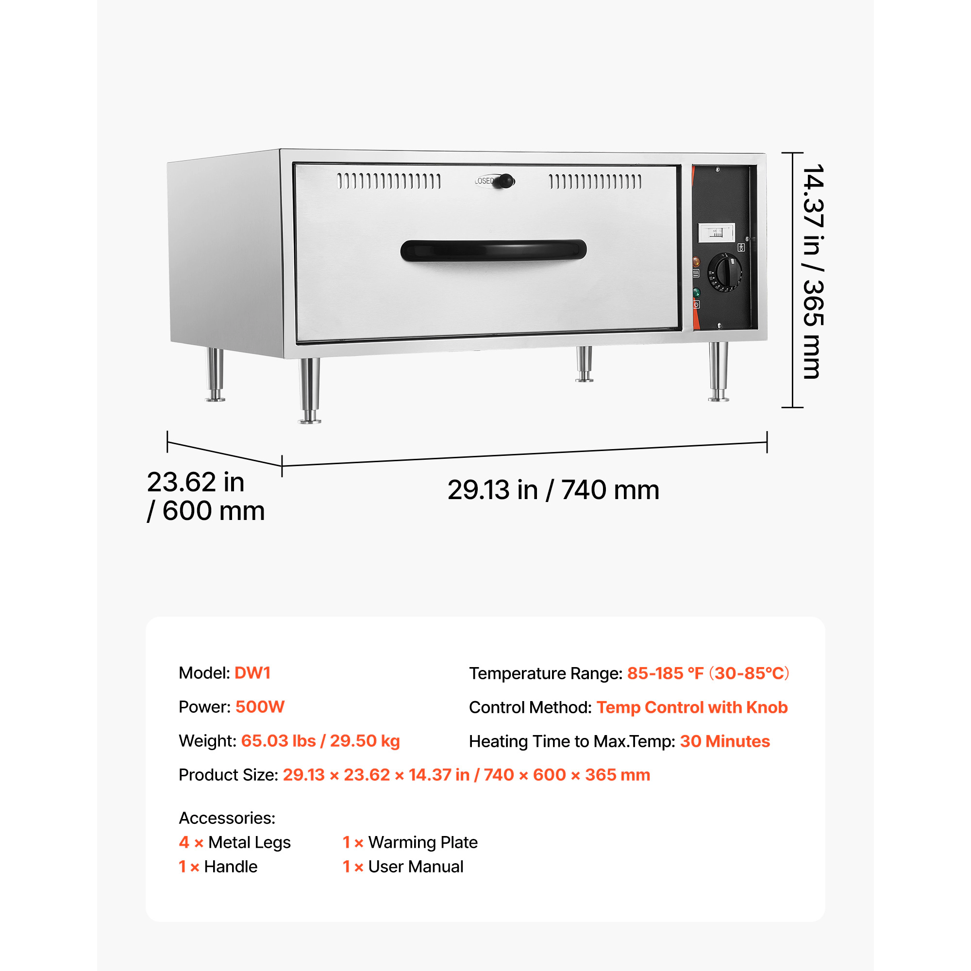 HONGGE Commercial Electric Single-Drawer Stainless Steel Food Warmer Freestanding Warming Cabinet