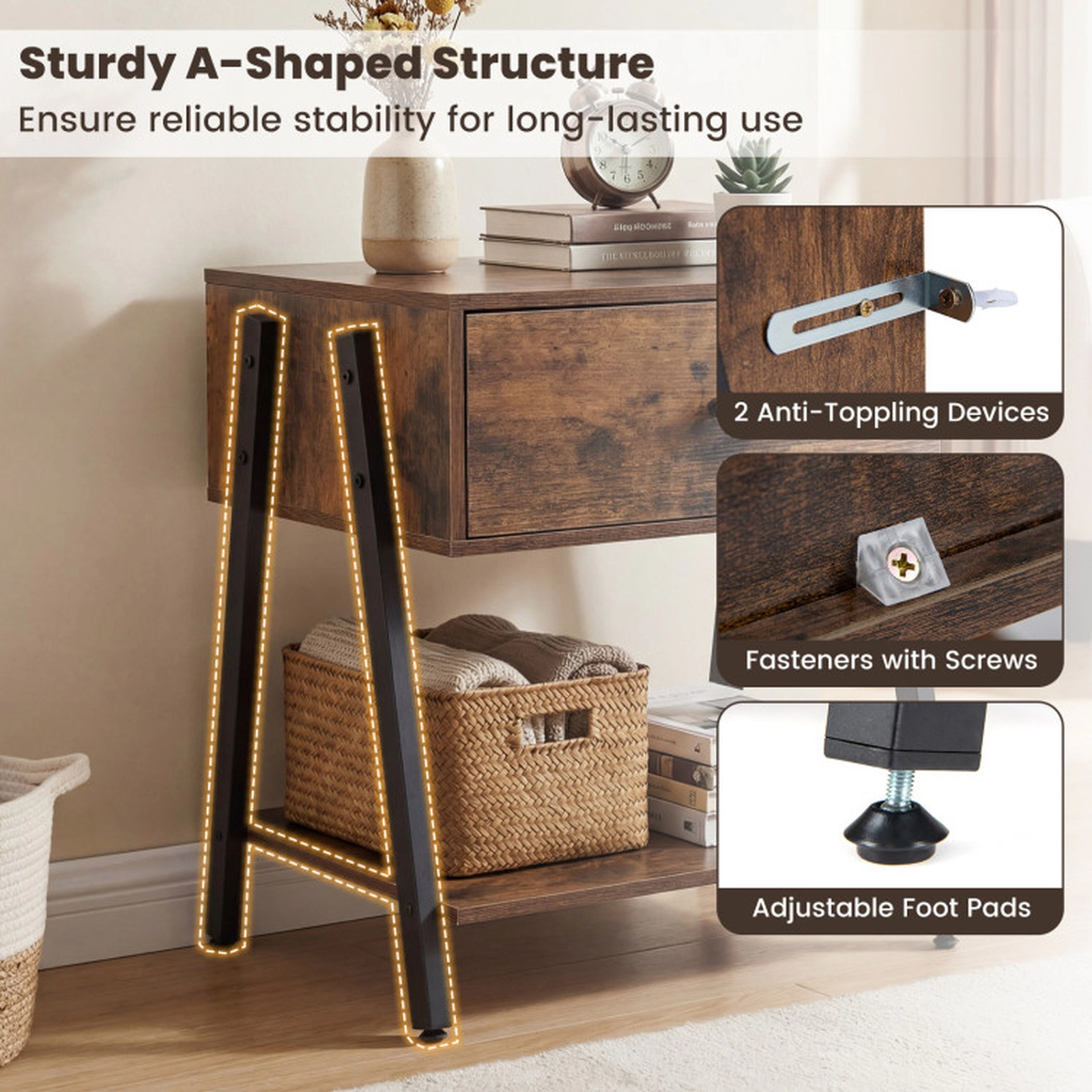 SUGIFT Industrial Nightstand with Drawer and Bottom Shelf 44-lb Top Shelf Capacity Rustic Brown 20-in Tabletop