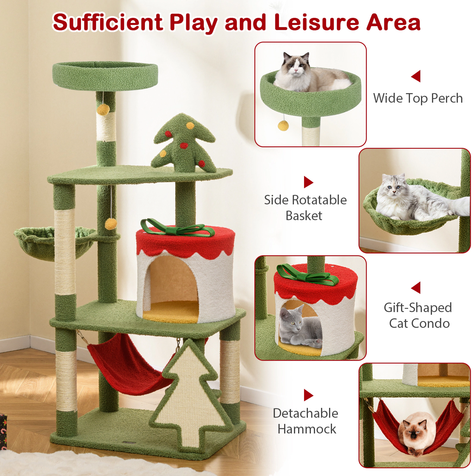 LJG Cute Christmas Cat Tree with Sisal Scratching Posts and Gift Box Shaped Condo